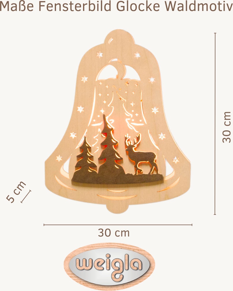 Weigla Dekofigur »beleuchtetes Fensterbild, Glocke, Waldmotiv, NATUR-BRAUN«, Erzgebirge garantiert, Weihnachtsdeko Innen, Weihnachtsbeleuchtung