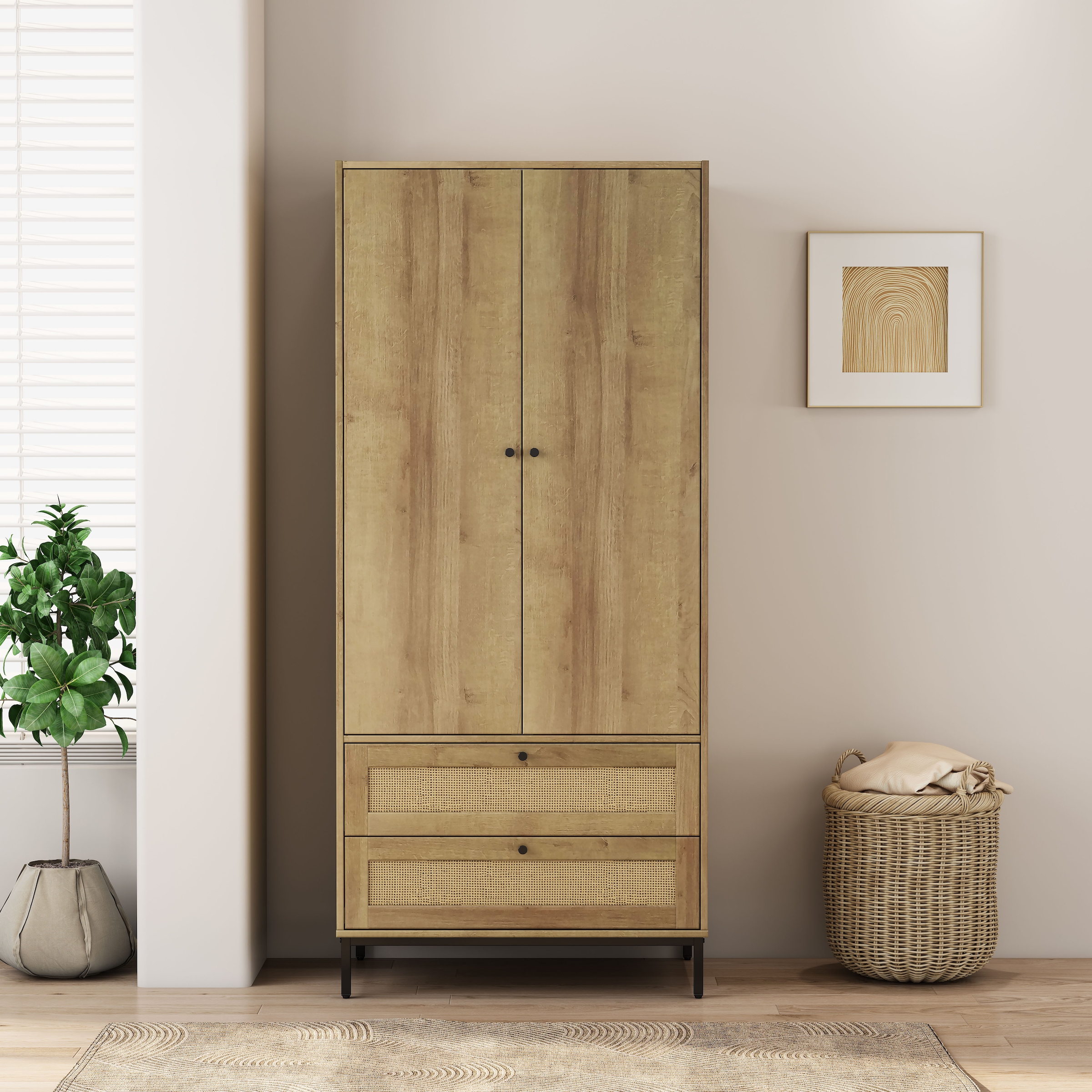 OTTO home Kleiderschrank »Motala Schlafzimmerschrank Garderobe Boho Eichen-Design Bestseller« Moderne schwarze Griffe, Schublade mit Geflecht, 