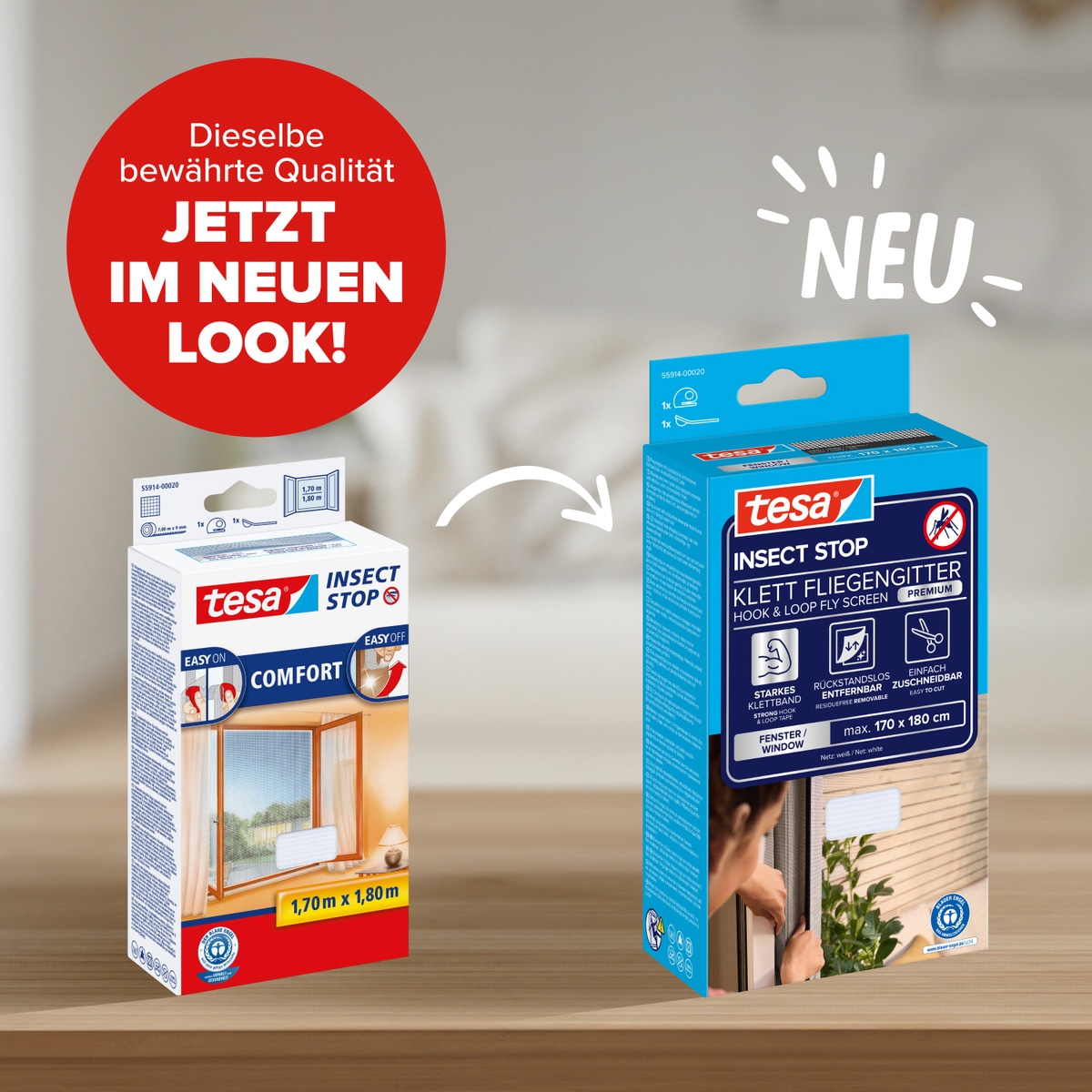 tesa Fliegengitter-Gewebe »Premium für Fenster, Insektenschutz mit Klettband - 170x180 cm« Packung, Fliegennetz, Klettband, Andrück und Schneidehilfe, 1 Stk. tlg. mit starkem Klettband, rückstandsfrei entfernbar, zuschneidbar