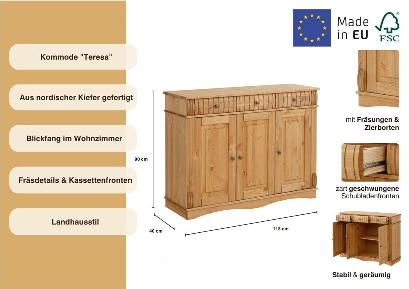 Home affaire Sideboard »Teresa«, Kommode, 3-türig, Breite 119 cm, aus massiver Kiefer, FSC®