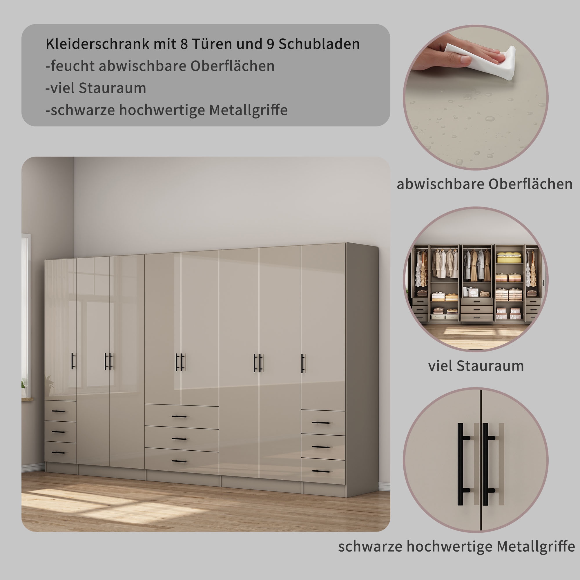 OTTO home Kleiderschrank »Trento Schlafzimmerschrank Garderobe hochglanz« Schrank mit 8 Türen und 9 Schubladen, hochglänzende Fronten