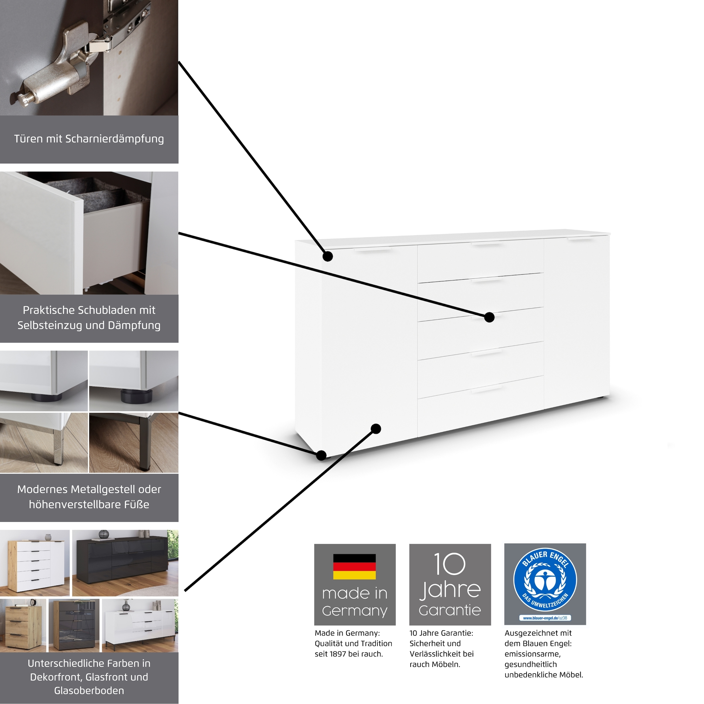 rauch Schubkastenkommode »Kommode Türkommode Sideboard Kombikommode FLIPP mit Glasfront«, (Breite 160/180 cm mit 4 Einlegeböden), 2-trg mit 5 Schubladen und Soft-Close, 2 Breiten MADE IN GERMANY