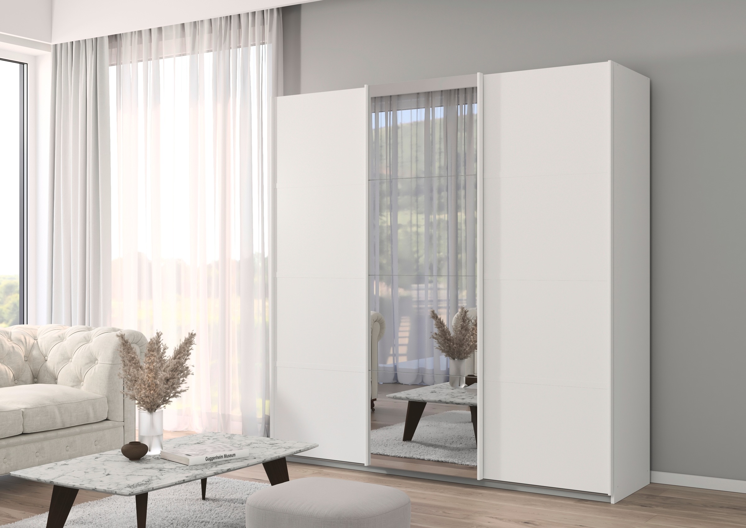 rauch Kleiderschrank »Schwebetürenschrank OTTO´s Choice Garderobe Schrank TOP ANGEBOT Avola«, (in 3 verschiedenen Ausstattungen BASIC/CLASSIC/PREMIUM inkl. Spiegel), mit eleganten Zierleisten in Chrom, Schwarz oder Weiß MADE IN GERMANY
