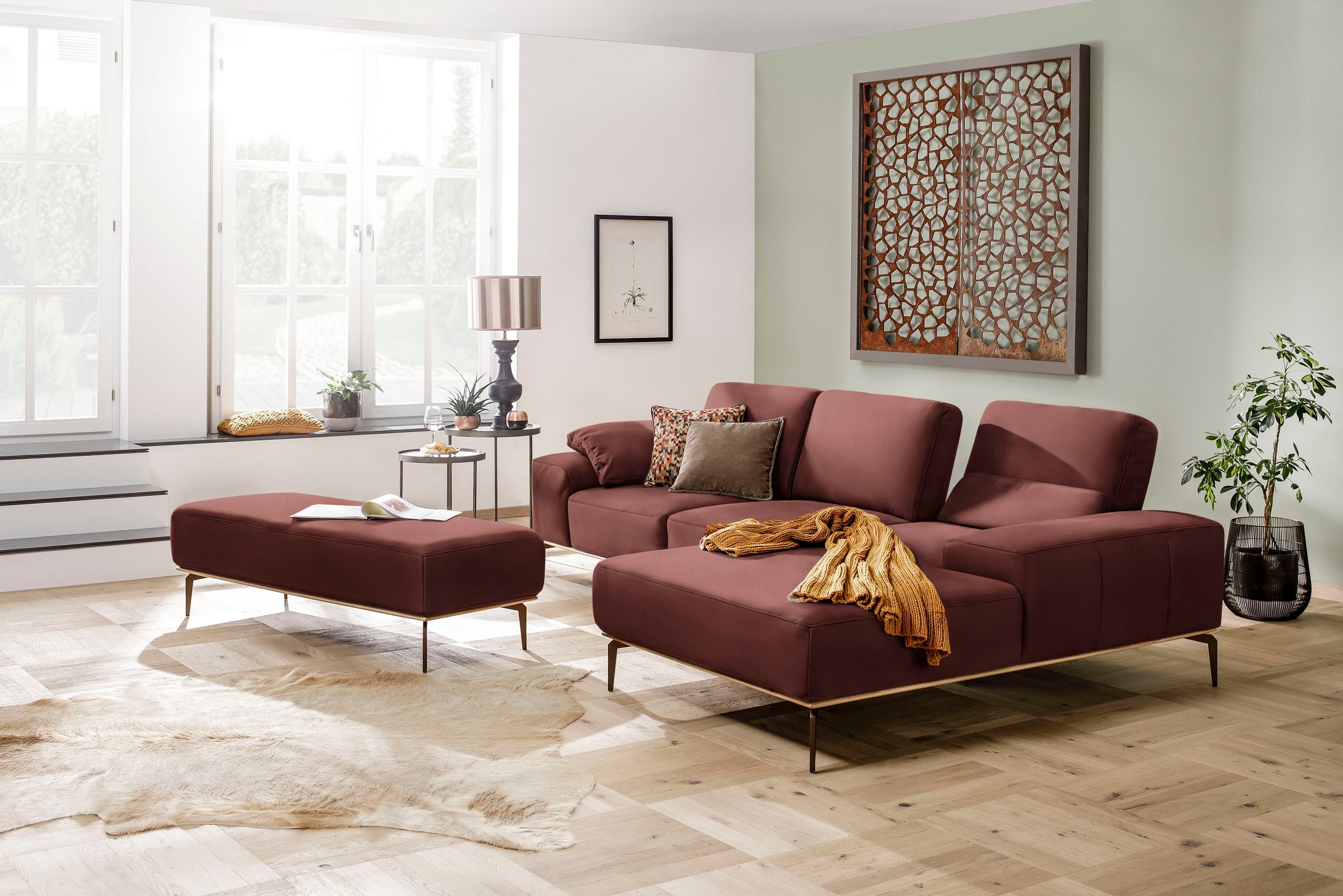 W.SCHILLIG Ecksofa »run, Designsofa mit tollem Sitzkomfort, L-Form«, mit Holzsockel, Füße in Bronze pulverbeschichtet, Breite 299 cm