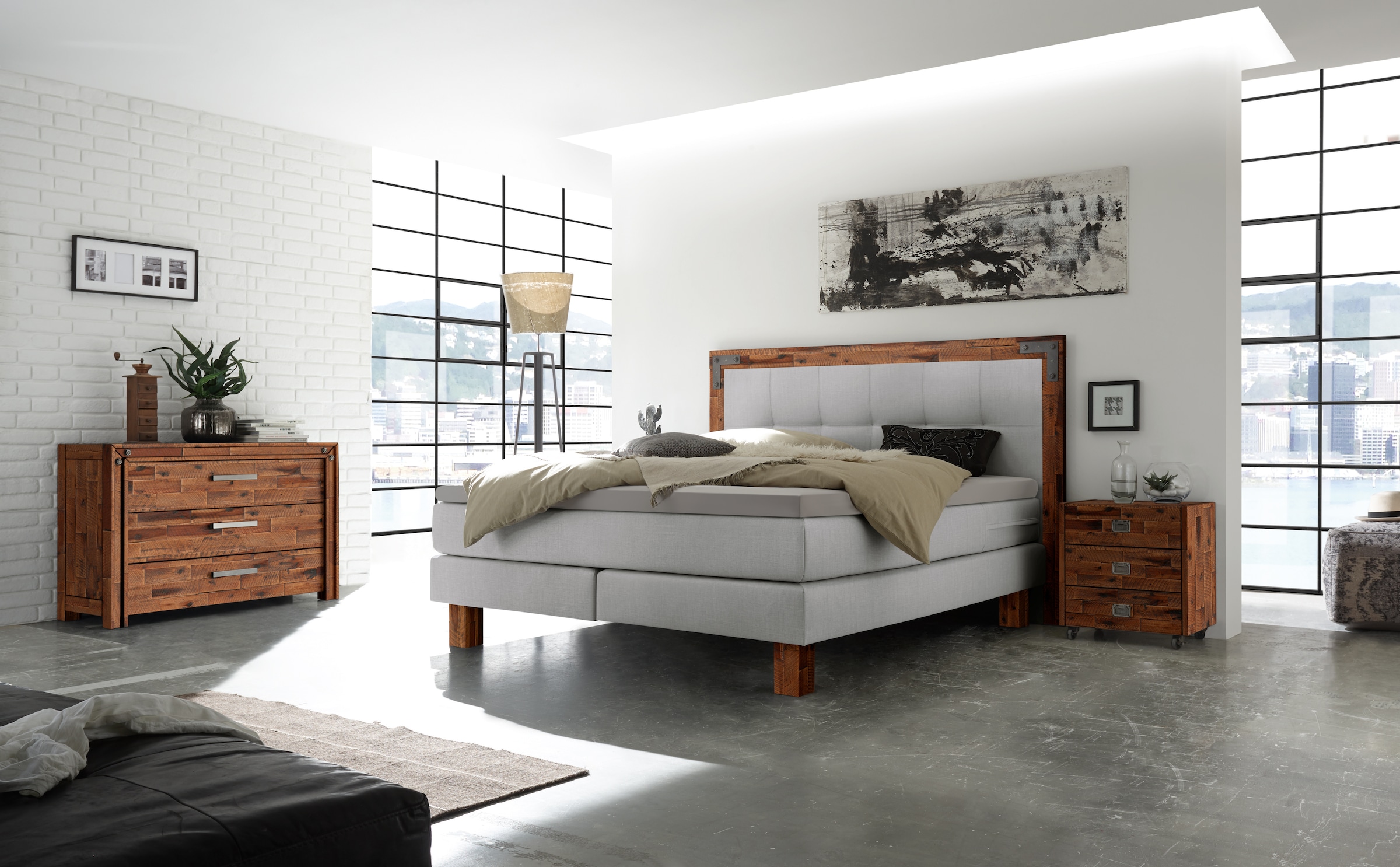 HASENA Boxspringbett Memphis, im Vintagelook, Massivholz-Umrandung, Tonnentaschen-Federkernmatratze