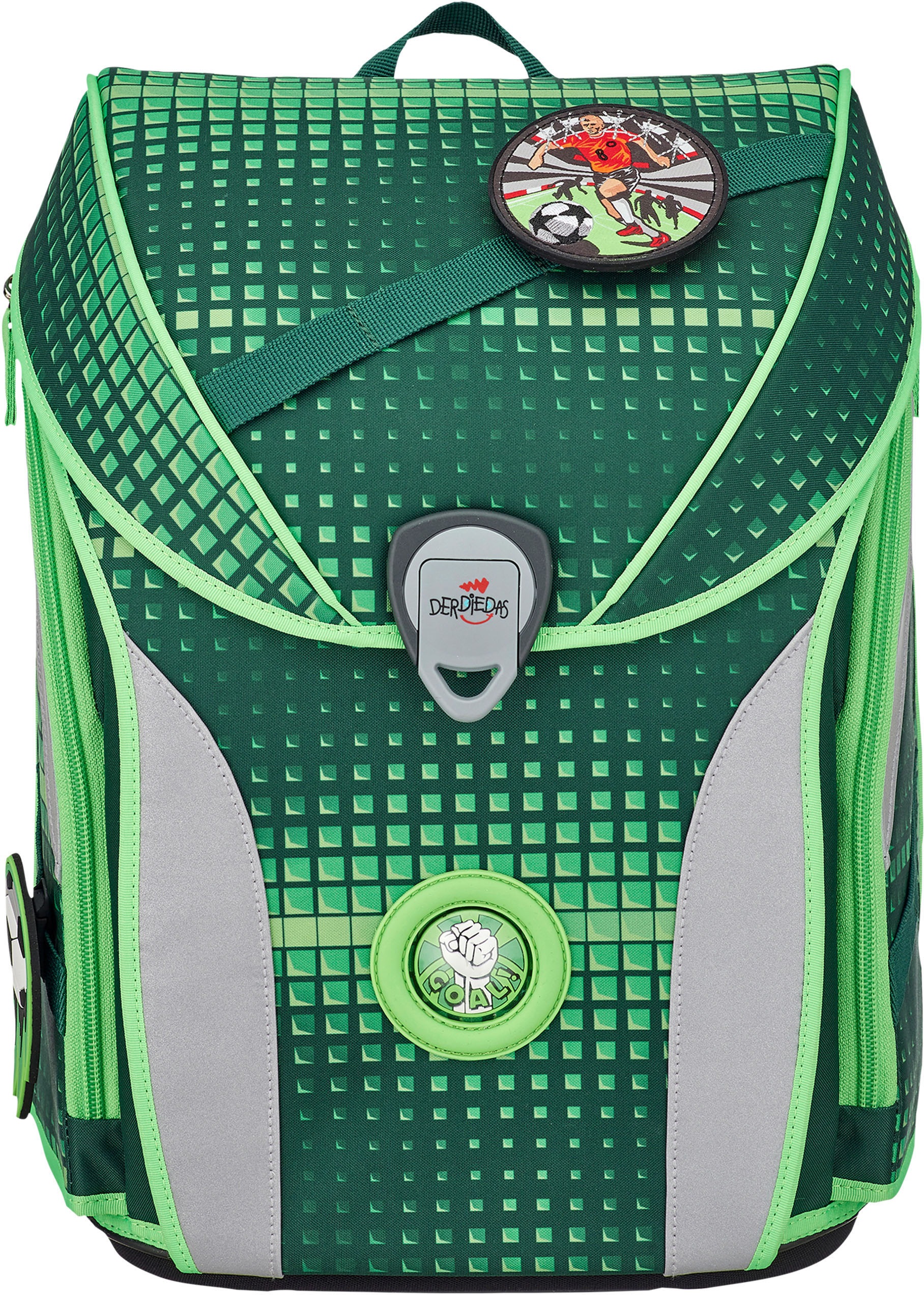 DerDieDas® Schulranzen »ErgoFlex MAX - Soccer Green«, reflektierende Details, mit 3 Buttons; enthält recyceltes Material