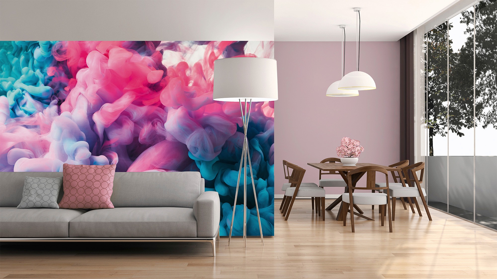 Fototapete Rauch Bunt Blau Rosa 3,50 m x 2,55 m FSC® günstig online kaufen