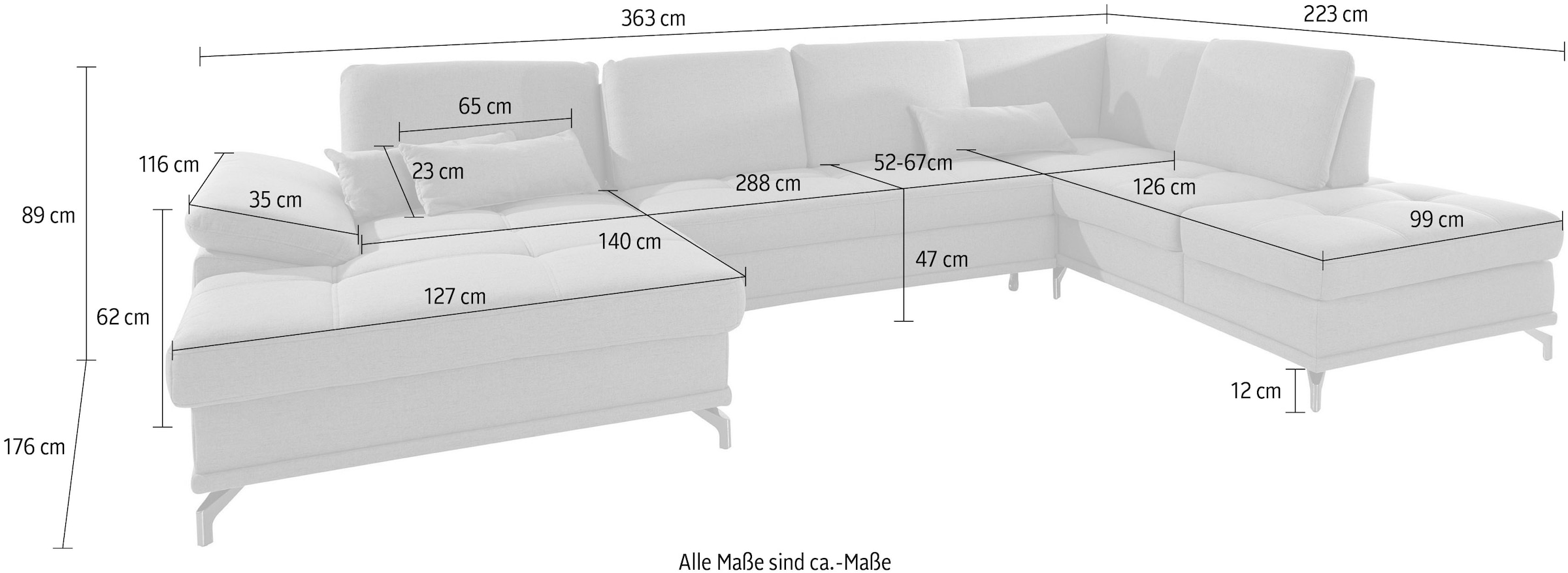 PLACES OF STYLE Wohnlandschaft »Costello U-Form, B: 363 cm mit Sitztiefen-, Armteilverstellung &« 3 Nierenkissen, optional Bettfunktion & Bettkasten