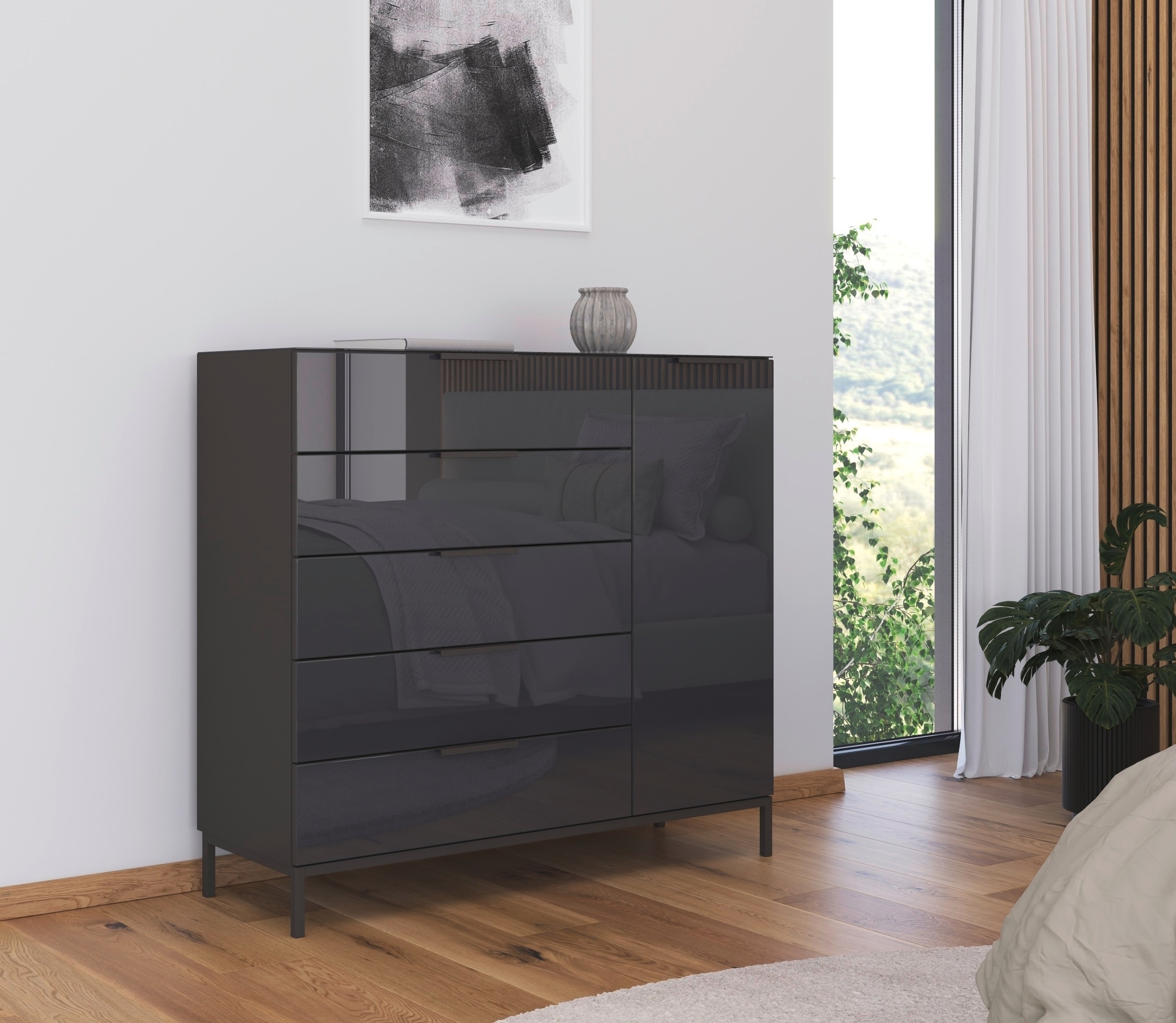 rauch Kombikommode »Kommode Türkommode Sideboard Kombikommode FLIPP mit Glasfront«, (Breite 120 cm mit 2 Einlegeböden), 1-türig, 5 Schubladen, Soft-Close-Funktion, Oberboden und Front Glas