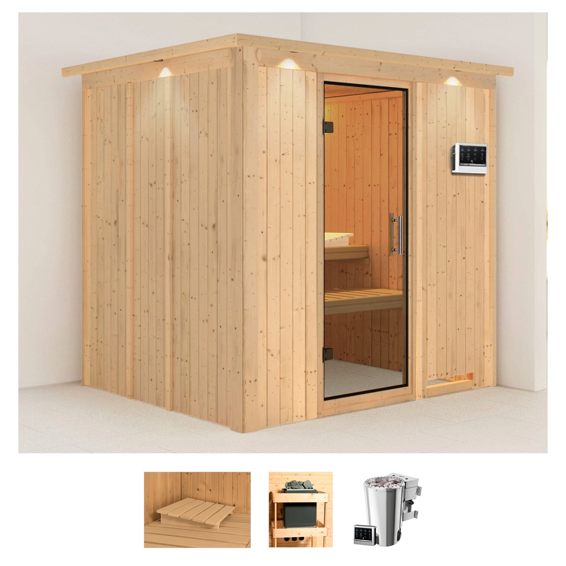 Karibu Sauna »Dima« Set,  Ofen 3,6 kW Bio-Ofen externe Strg. easy