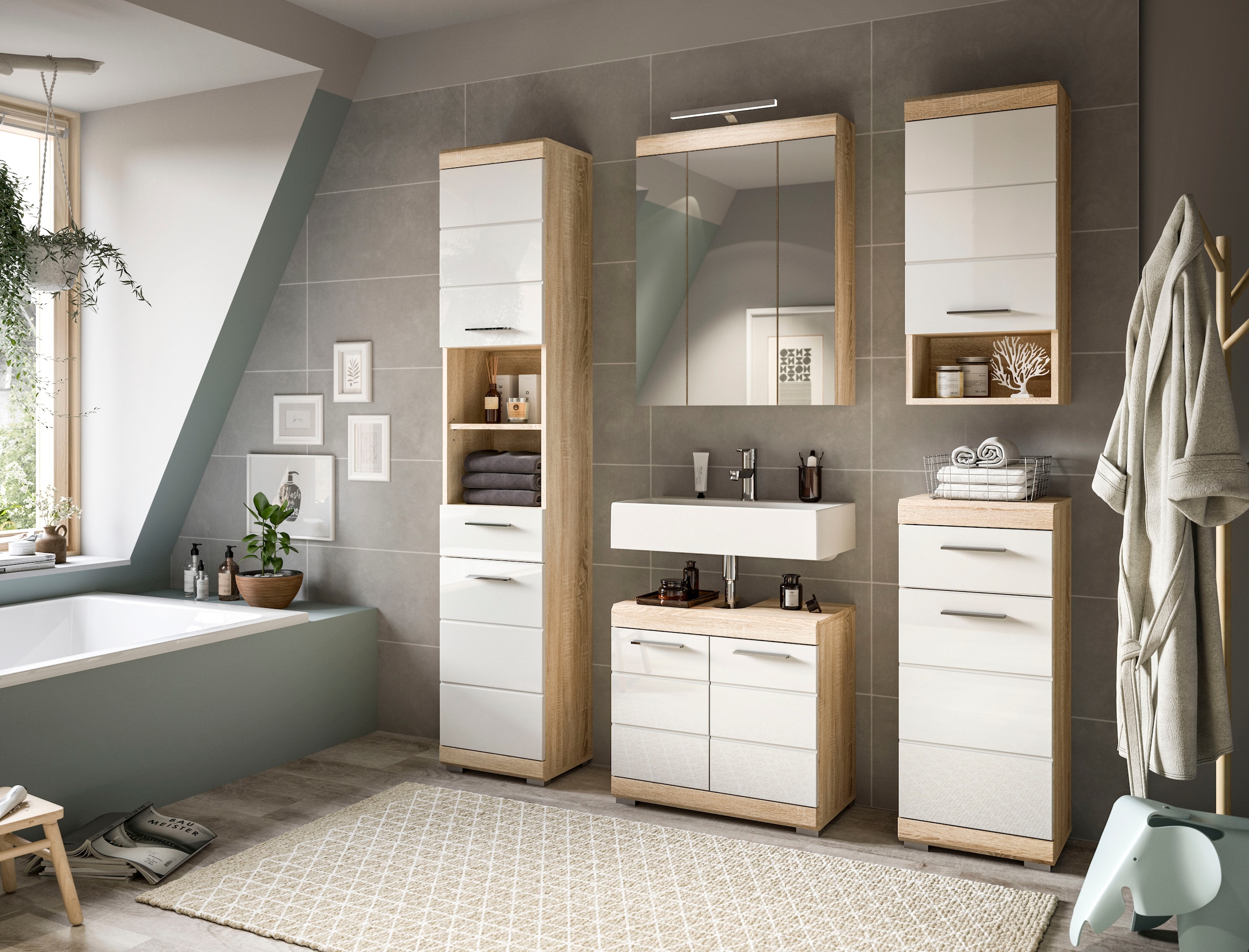 INOSIGN Hochschrank »Siena, Breite 37cm, 2 Tür, 1 Schubkasten, 2 offene Fächer, MDF-Front«, (1 St.), in verschiedenen Farben erhältlich, Badmöbel, Badschrank, Schrank, Bad