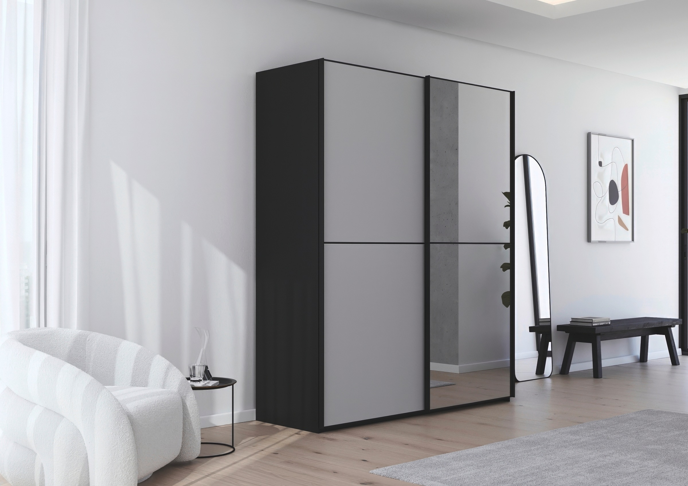 rauch Schwebetürenschrank »Kleiderschrank Schrank Garderobe Schlafzimmerschrank SCALE-DUO«, edle zweigeteilte Türen Spiegel/Glas-Mix 3 Zierleisten MADE IN GERMANY