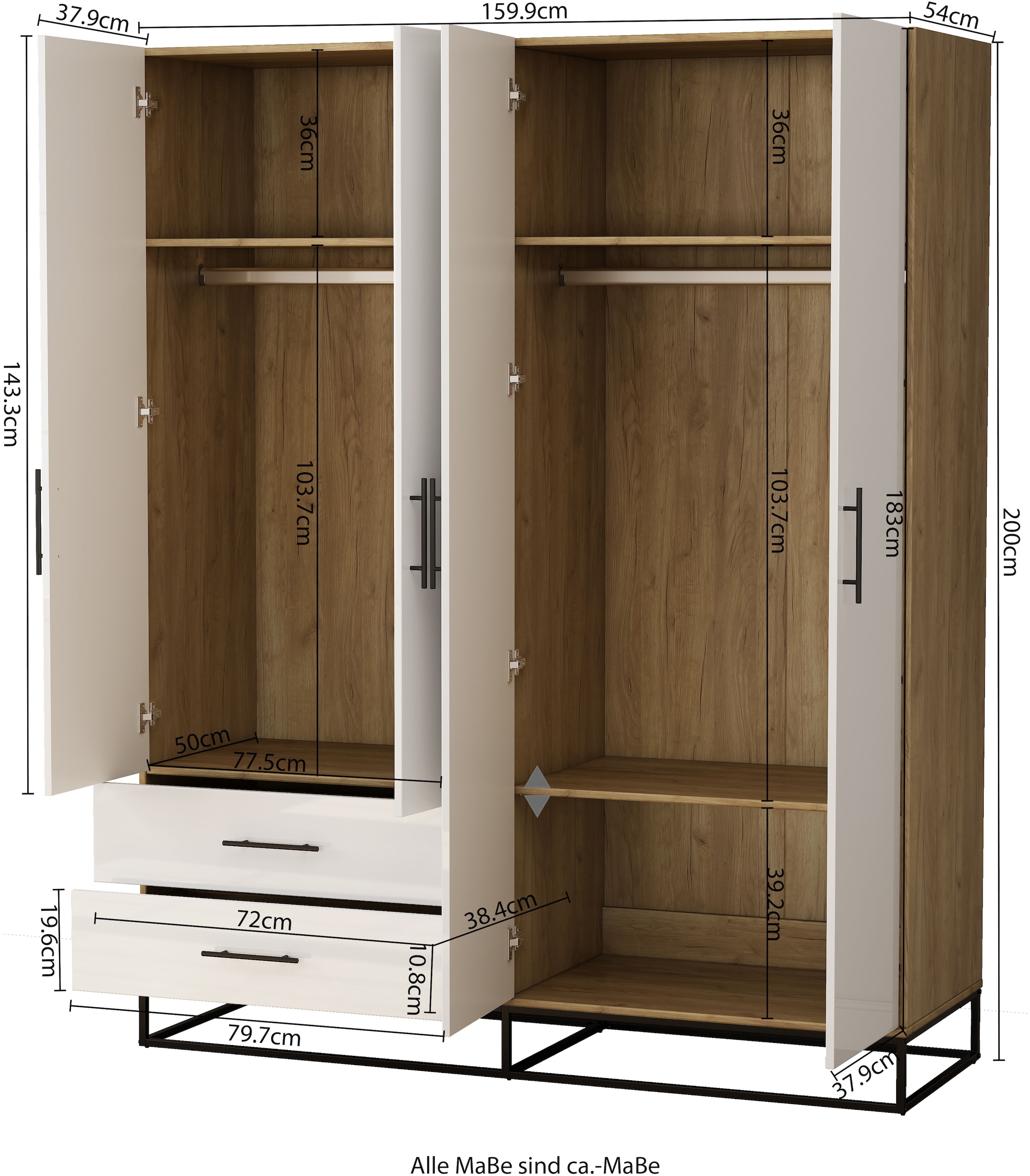 OTTO home Kleiderschrank »Lucca Schlafzimmerschrank Garderobe Hochglanz Bestseller« Schwarze Griffe und Kufengestell aus Metall, 