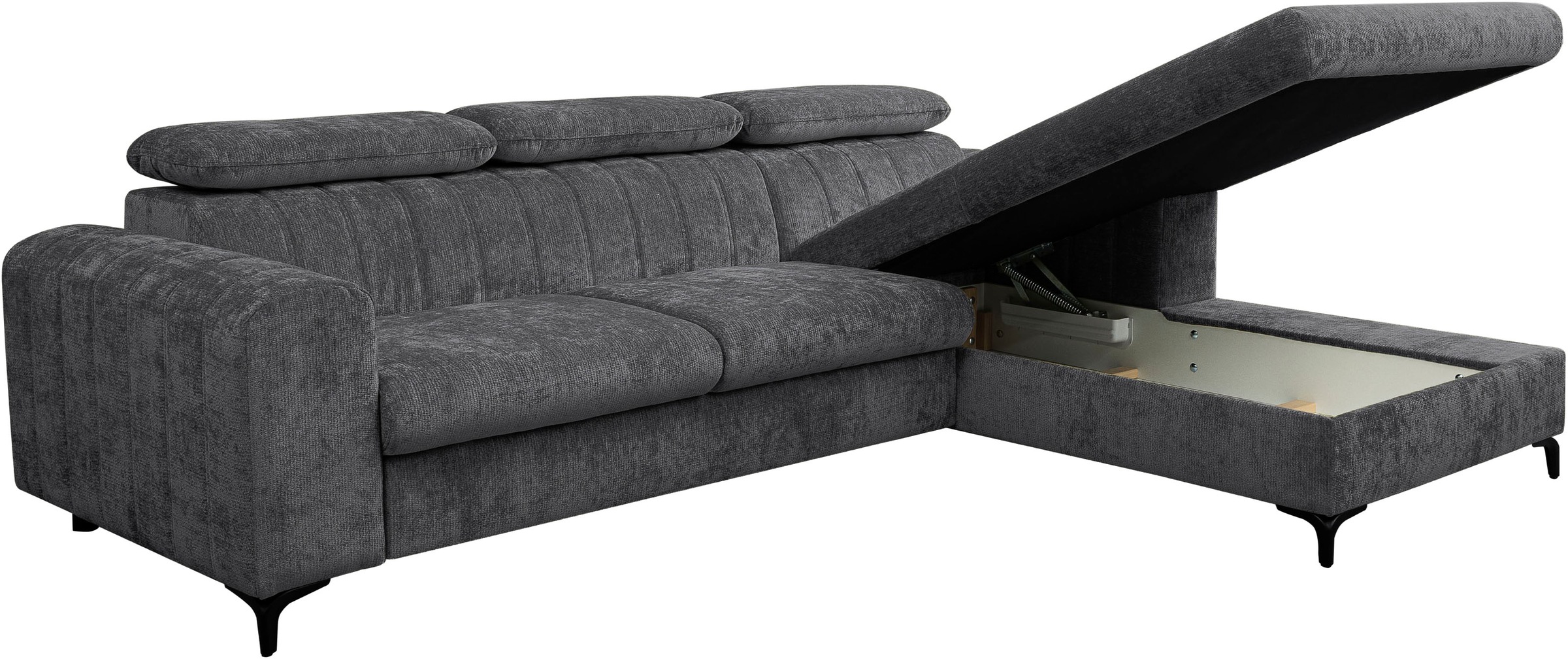 WERK2 Ecksofa »Foster L-Form mit Schlaffunktion und Bettkasten, 264 cm breit« 3 verstellbare Kopfstützen & Pfeifensteppung im Retro-Look
