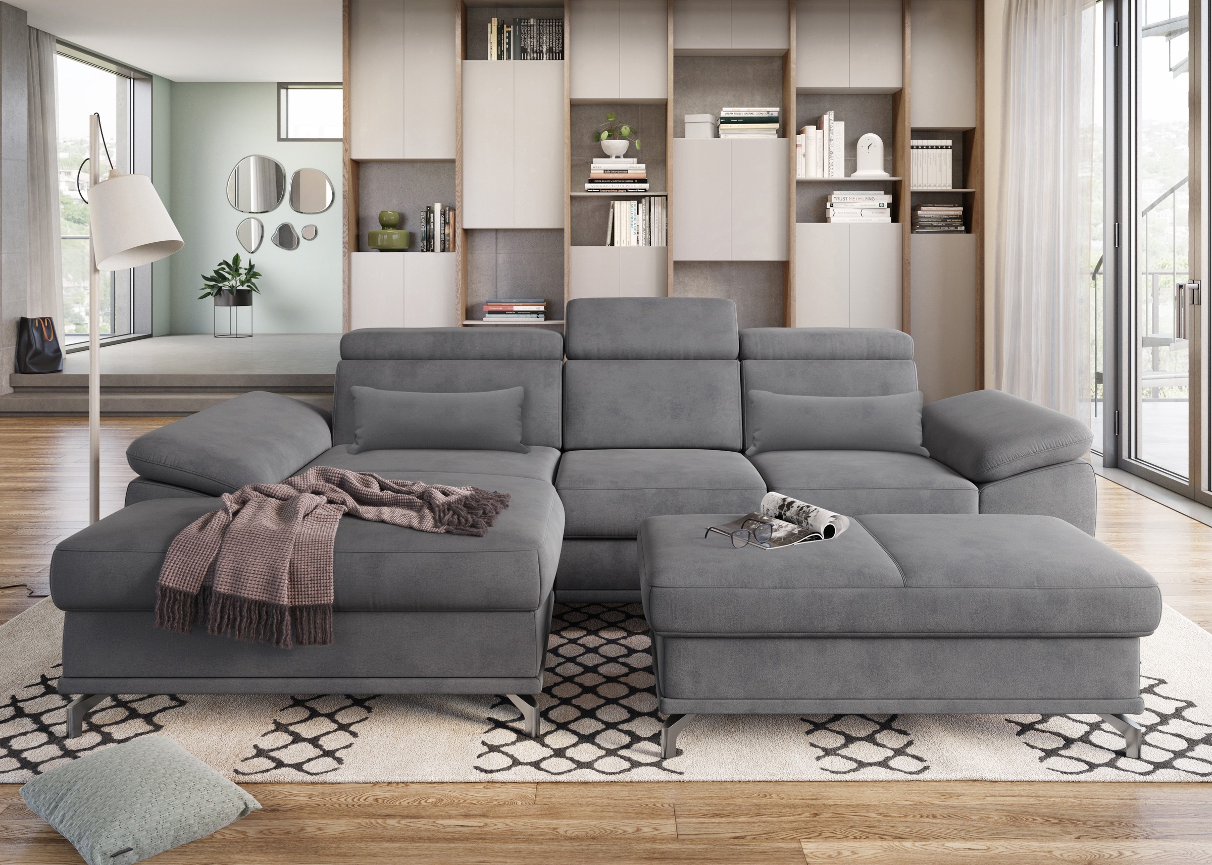 sit&more Ecksofa »Cabrio L-Form, mit Sitztiefenverstellung, Arm- und Kopfteilverstellung«, 2 Nierenkissen, Federkern, optional Bettfunktion und Stauraum