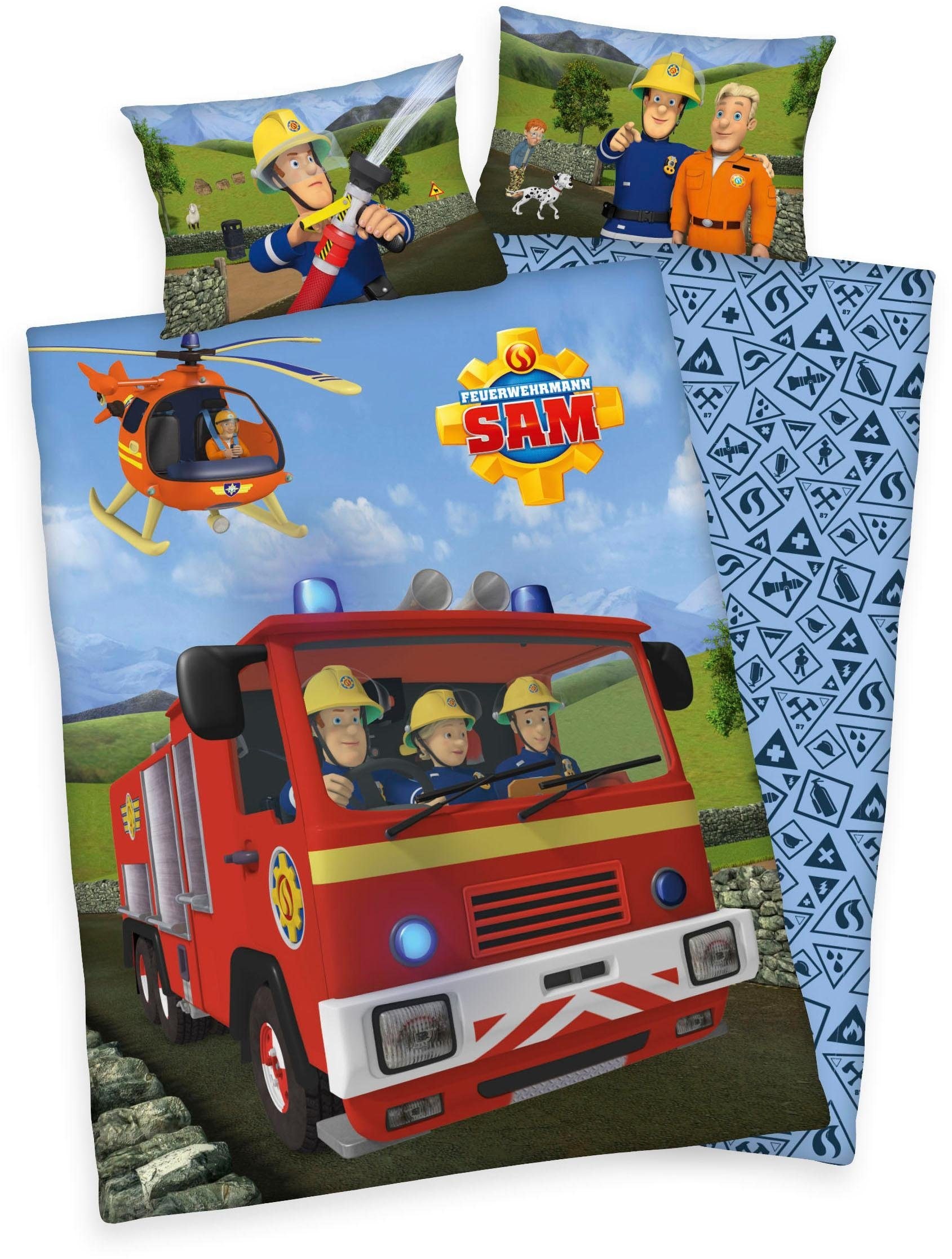 Babybettwäsche »Feuerwehrmann Sam«, (2 tlg.), mit Löschzug und Helikopter