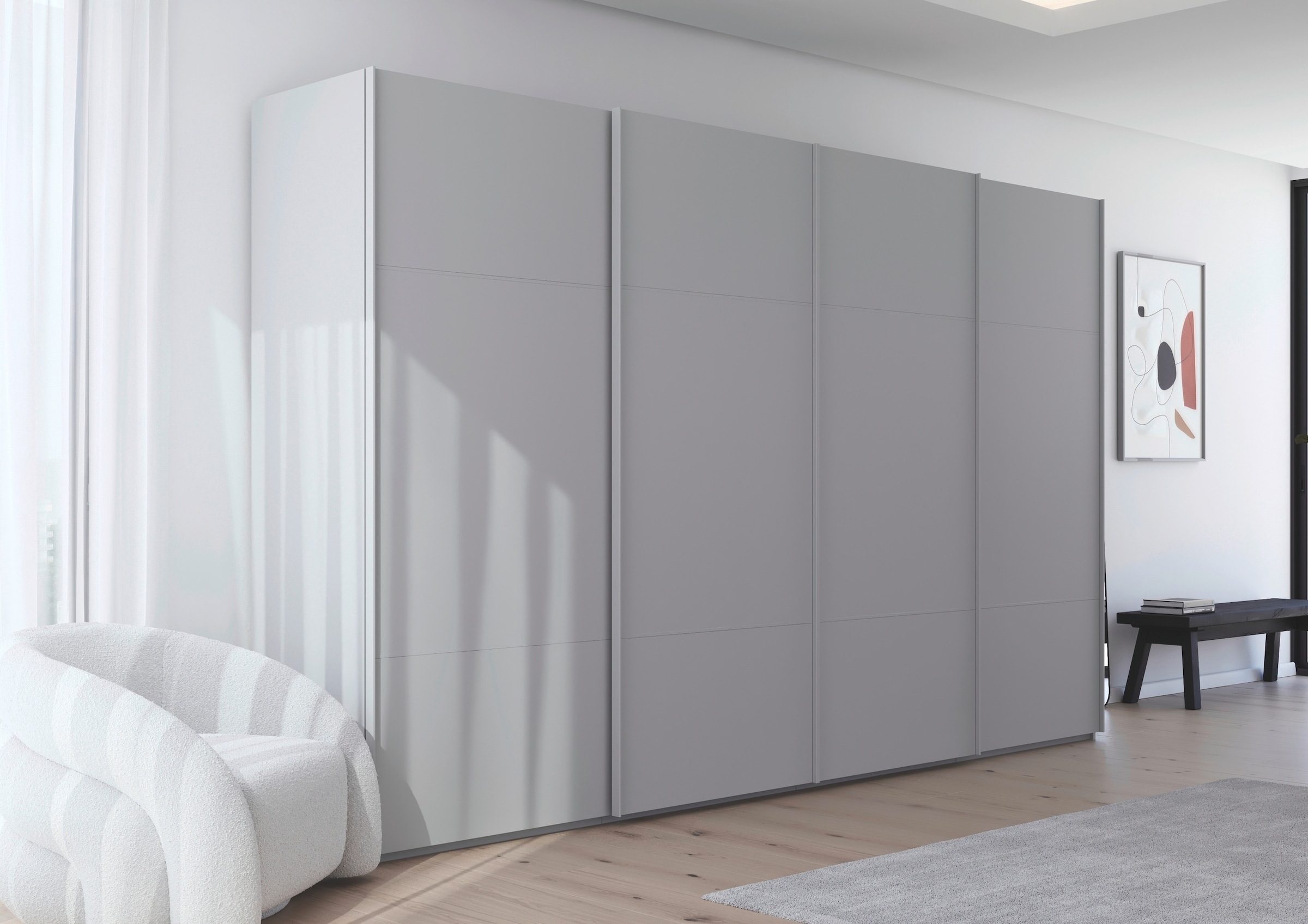 rauch Schwebetürenschrank »Kleiderschrank Schrank Garderobe Schlafzimmerschrank SCALE-TRIO«, edle dreigeteilte Front, 2 Zierleisten in Griff-Farbe MADE IN GERMANY