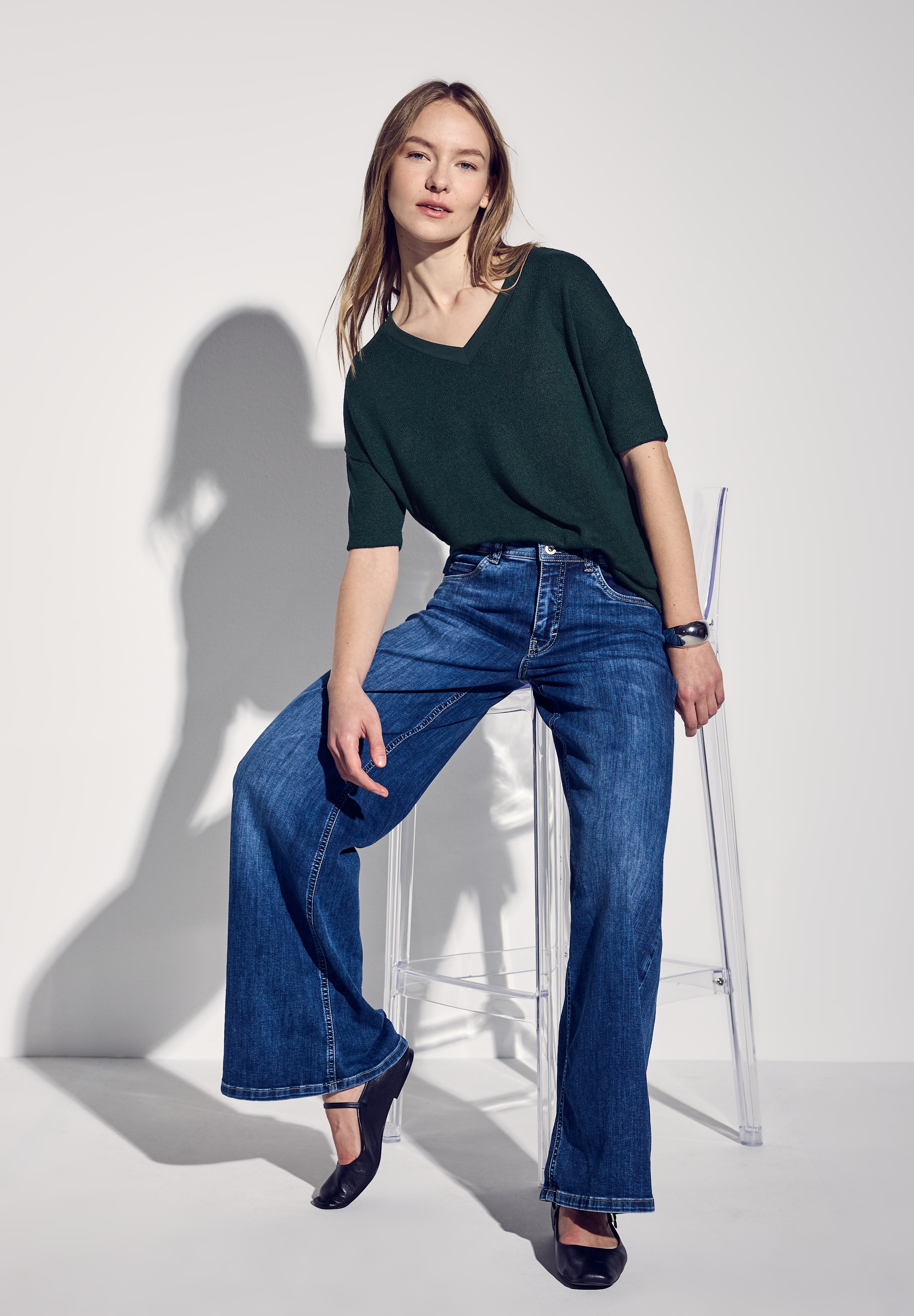 STREET ONE T-Shirt, im Strick-Look mit V-Ausschnitt