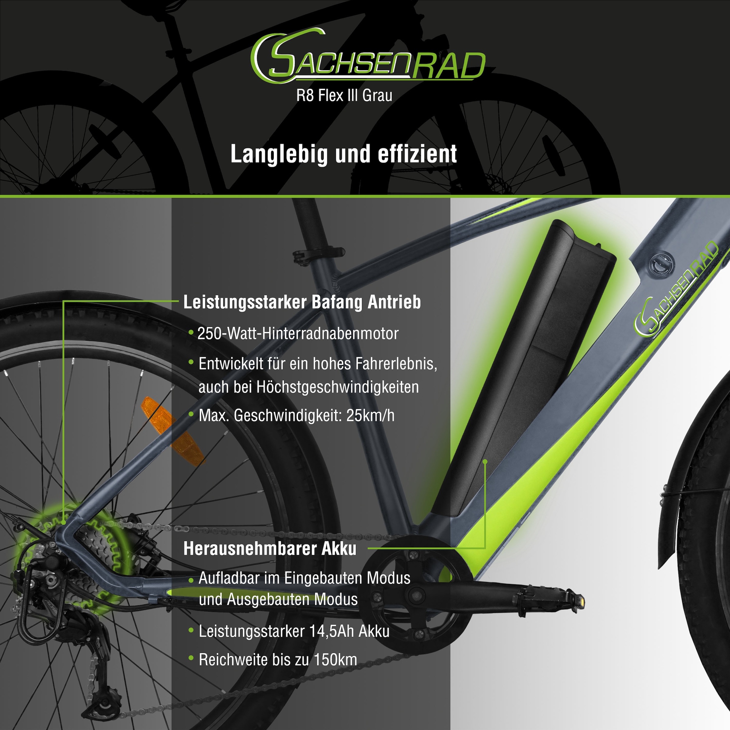 SachsenRad E-Bike »R8 Flex III«, 9 Gang, Shimano, Shimano Altus, Heckmotor 250 W, (mitgeliefertes, optionales Schutzblech mit integriertem Rücklicht), LCD-Steuerdisplay, Fahrmodus Pedelec, LED-
Beleuchtung