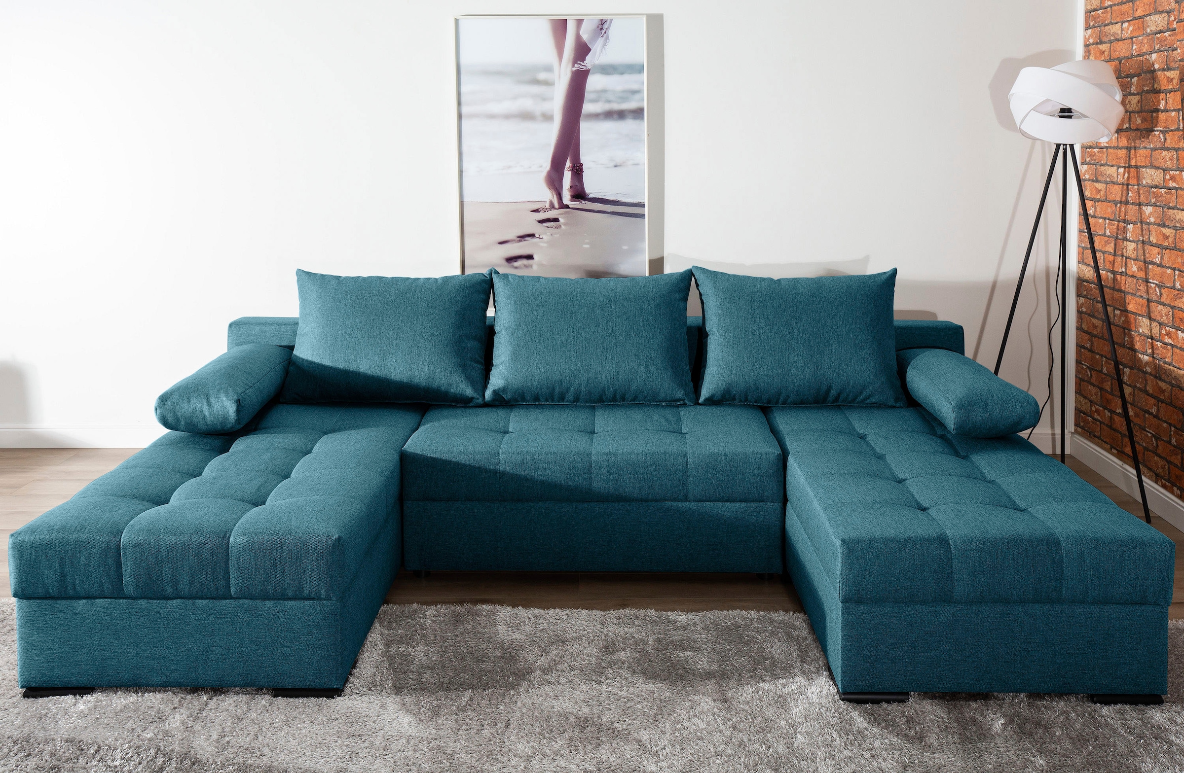 COLLECTION AB Wohnlandschaft »Josy U-Form, Breite 269 cm, Flachgewebe, Struktur, Cord & Cord/Mix«, (Cord-/Mix), inkl. Bettfunktion, Bettkasten, mit 3 gleich großen Rückenkissen