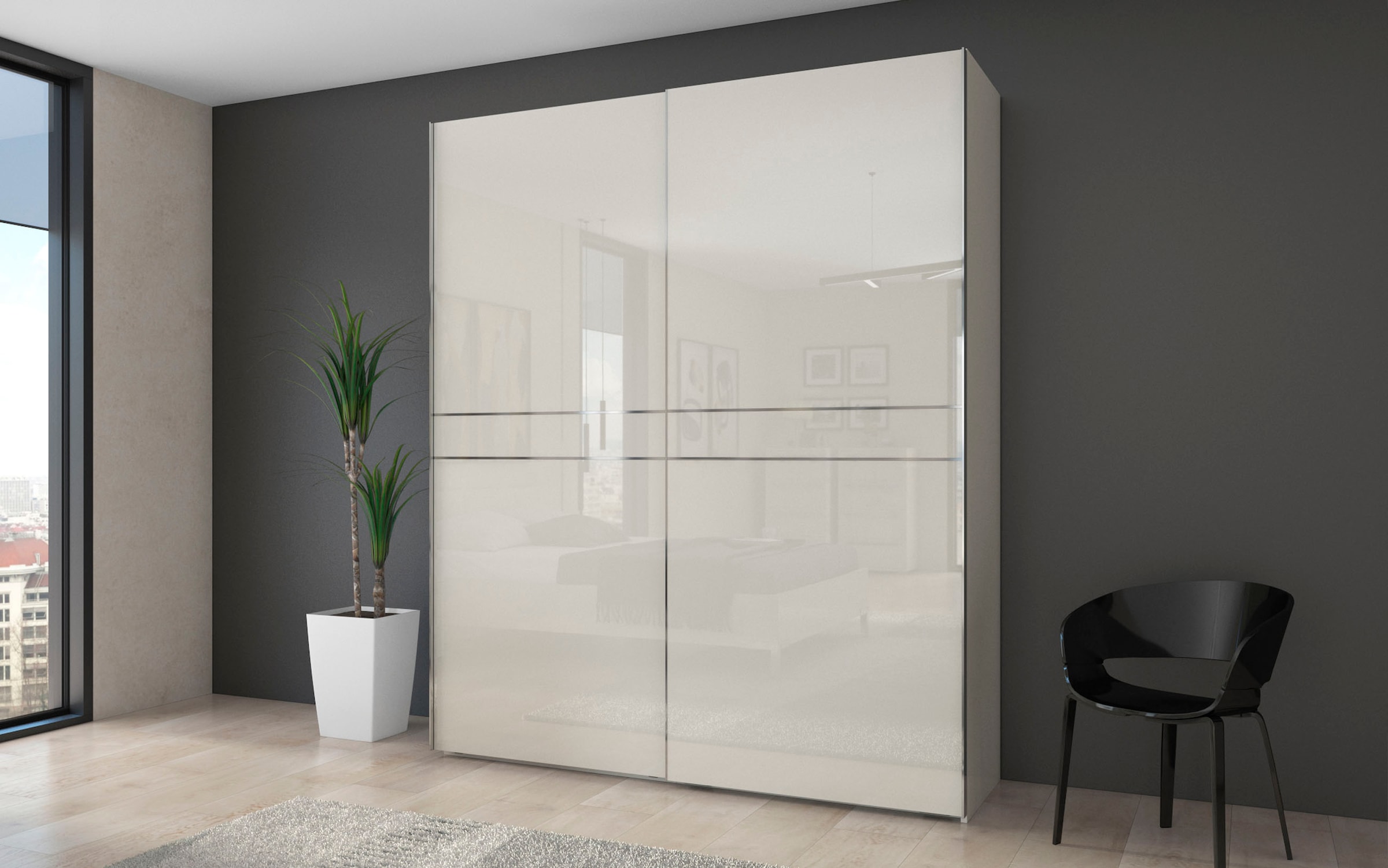 PLACES OF STYLE Schwebetürenschrank »Piano, FSC-zertifiziert, mit Einlegeböden und Kleiderstangen« in 3 Breiten, 224cm hoch, mit verchromten Aufleistungen,  UV lackiert, hochglänzend, mit Soft-Close Funktion, in beige oder weiß