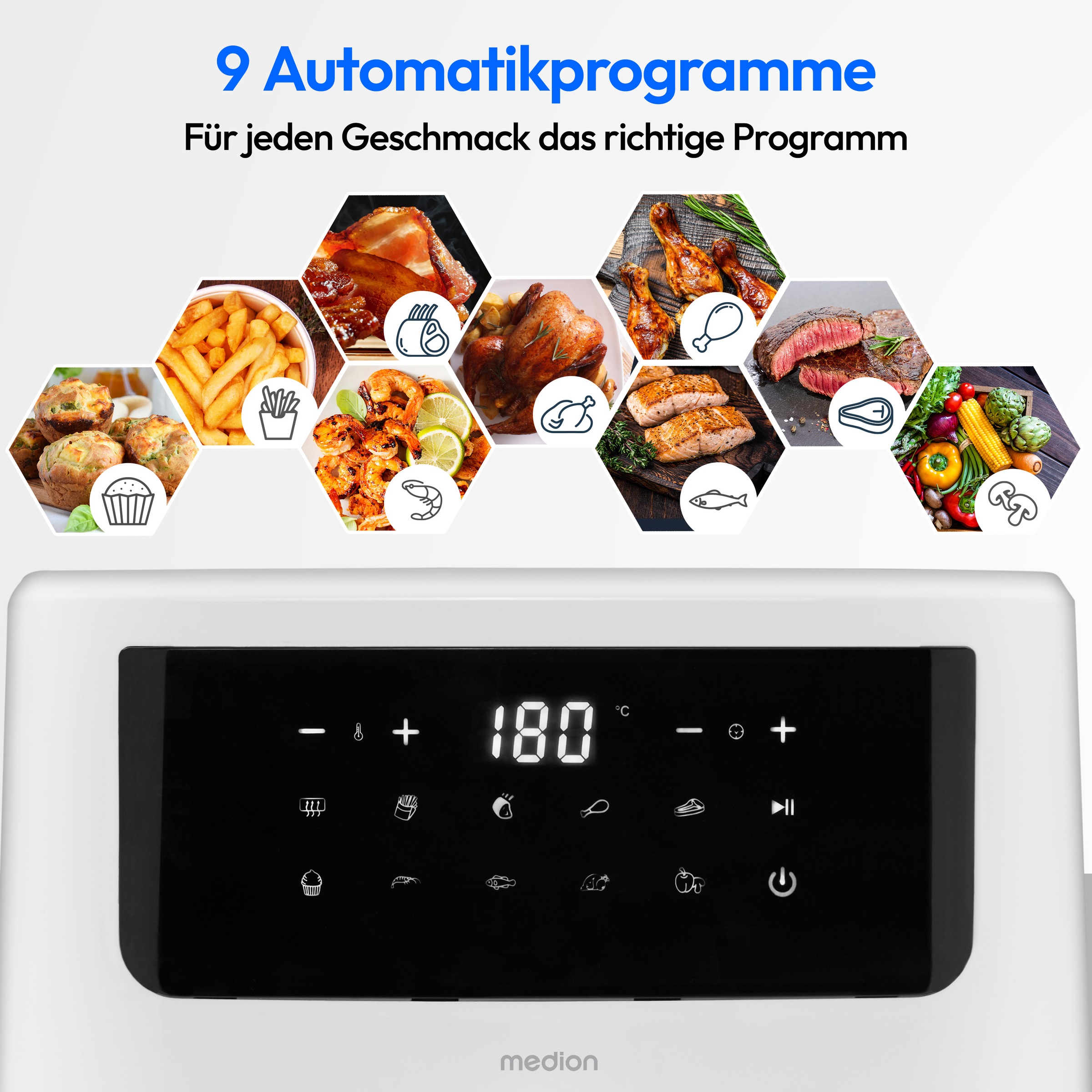 Medion® Heißluftfritteuse »P10 XL (MD 11750), 6,8 L Korbvolumen, 9 Automatikprogramme, Vorheizen«, 2000 W, Fassungsvermögen 6,8 l, Temperatur einstellbar 50 - 200 °C, ILAG Beschichtung, Timer