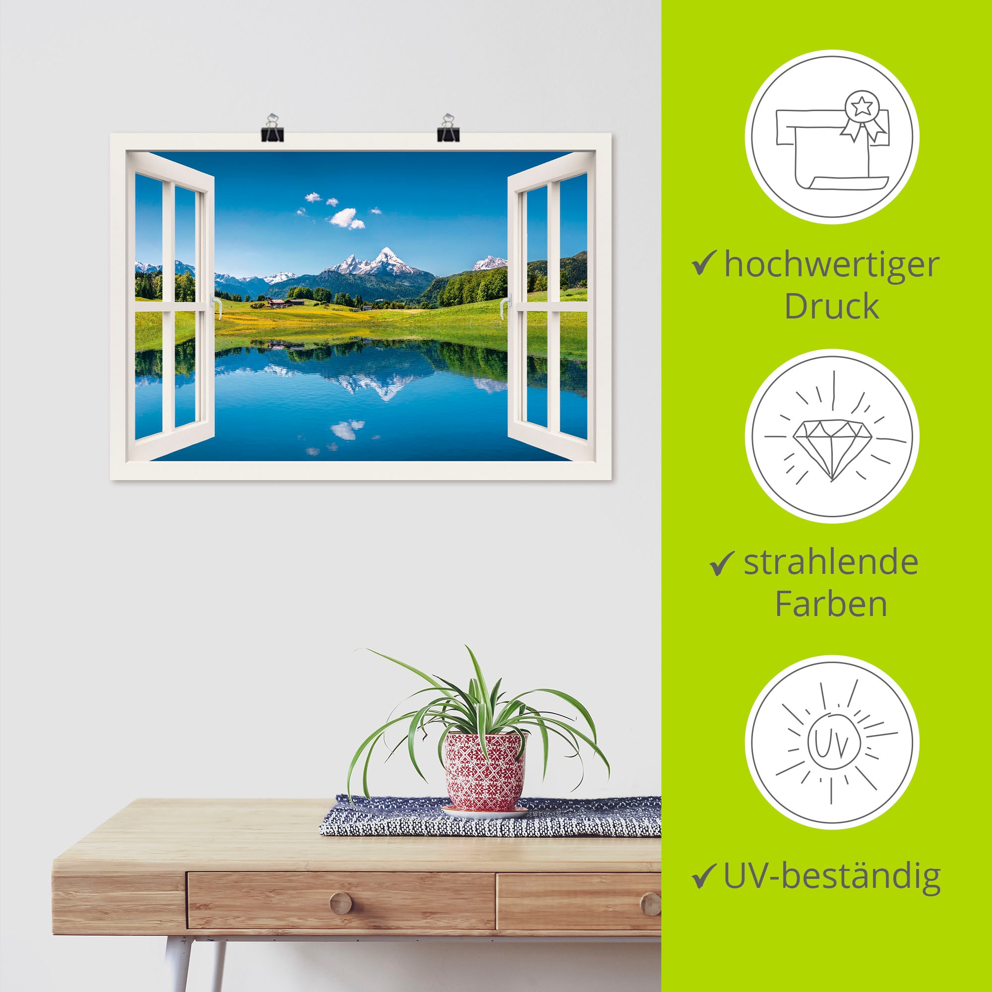 Artland Wandbild »Fensterblick Alpen und Bergsee« Berge 1 Stk. tlg. als Leinwandbild, Poster in verschied. Größen