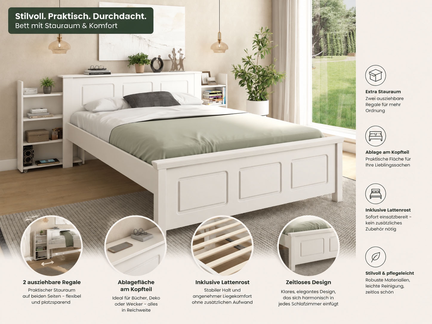 OTTO home Bett »Malme, mit unsichtbaren, herausziehbaren Regalen, maximaler Stauraum« Liegefläche 140x200cm,  inklusive Lattenrost, Made in EU, FSC® zertifiziertes Massivholz
