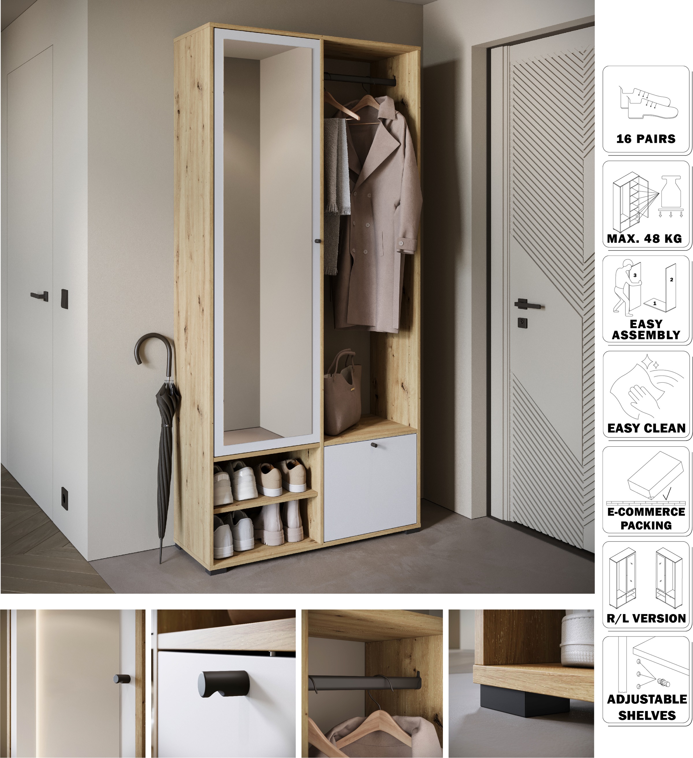 INOSIGN Garderobenschrank »DINO Kompaktgarderobe, Garderoben-Set DINO«, Mit Spiegel und Kleiderstange, 90 cm breit, Türanschlag wechselbar