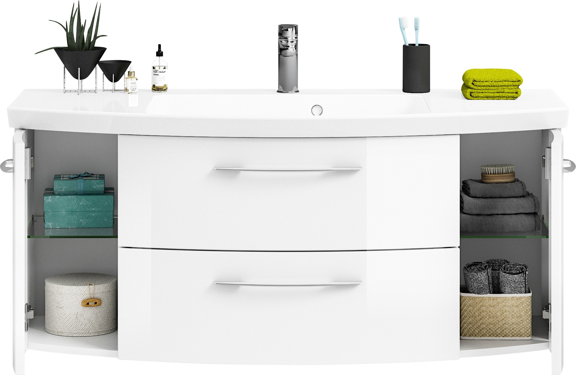 Saphir Badmöbel-Set »Cassca Sprint Waschtisch-Set Mineralmarmor-Waschtisch mit Unterschrank«, (1 St.), Waschplatz mit 2 Türen, 2 Schubladen, inkl. Türdämpfer, Badschrank