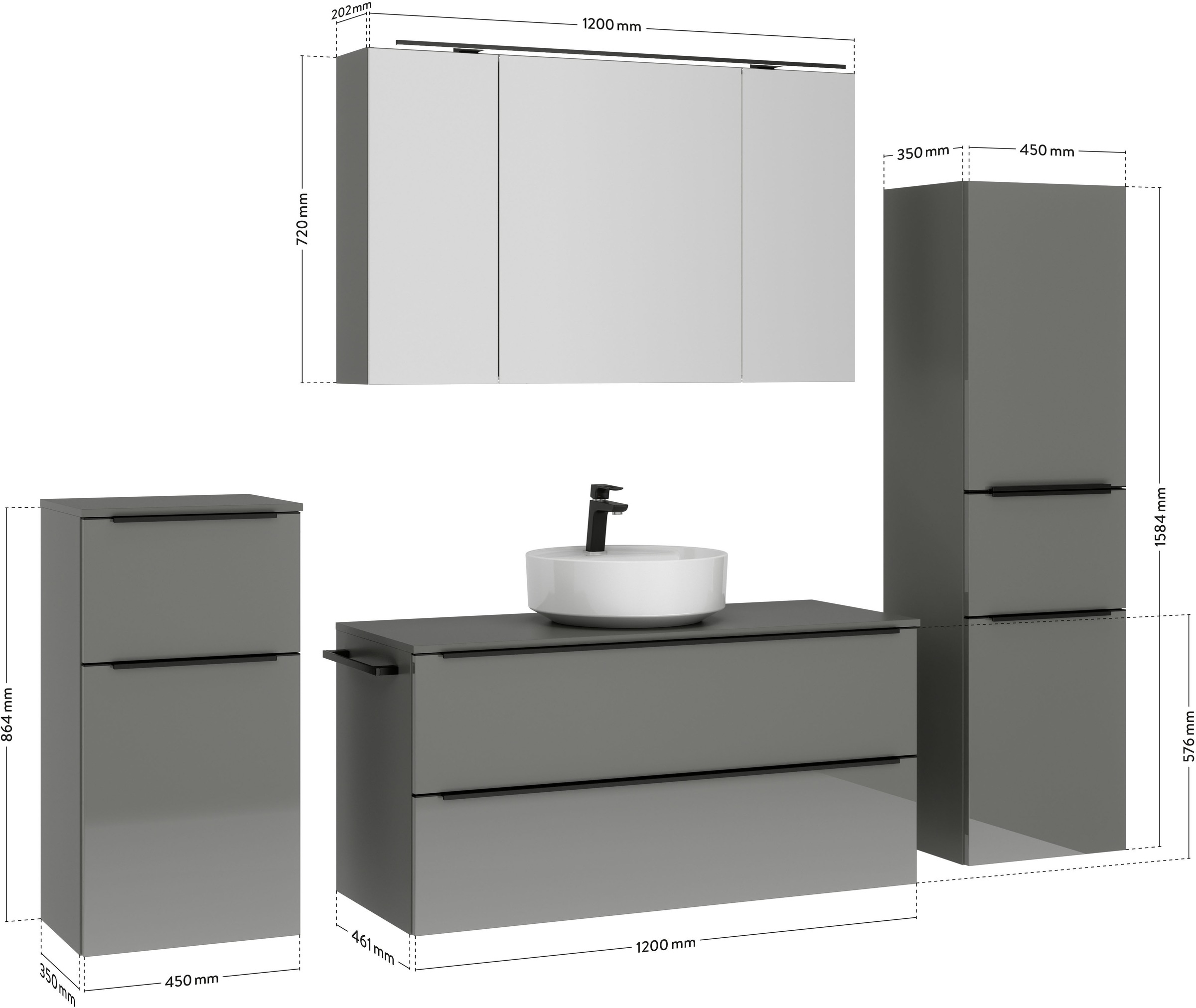nobilia® Badmöbel-Set »Alvene«, (4 St., vormontiert, mit Soft-Close), inkl. Spiegelschrank mit Beleuchtung und Dimmerfunktion, in 4 Breiten