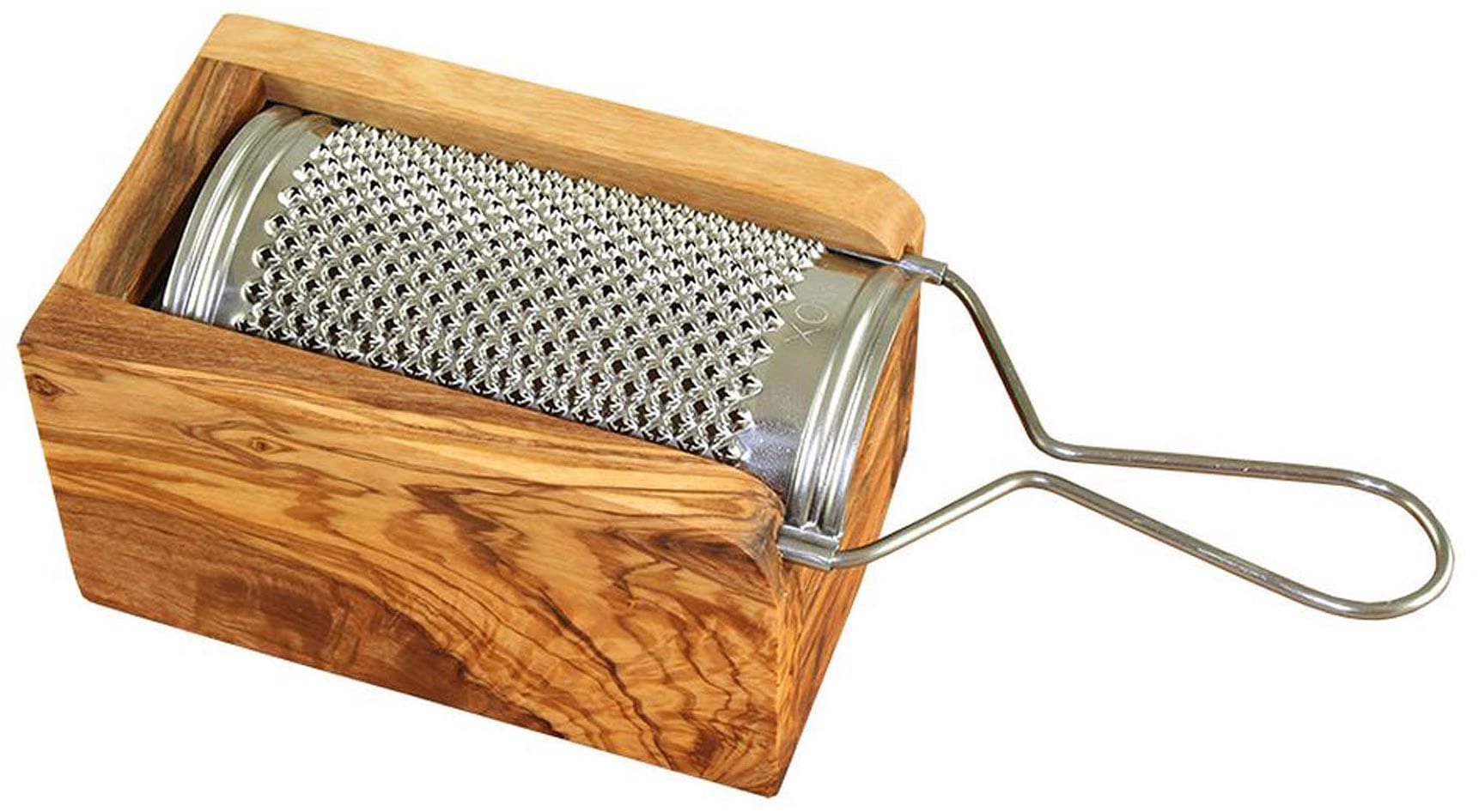 Olivenholz-erleben Käsereibe »für Hartkäse, aus Edelstahl mit Olivenholzbox«, (Set, 2 St., Metallreibe Edelstahl mit Auffangbox aus Olivenholz), Metallreibe aus Edelstahl, Auffangbox aus Olivenholz, auch für Muskat