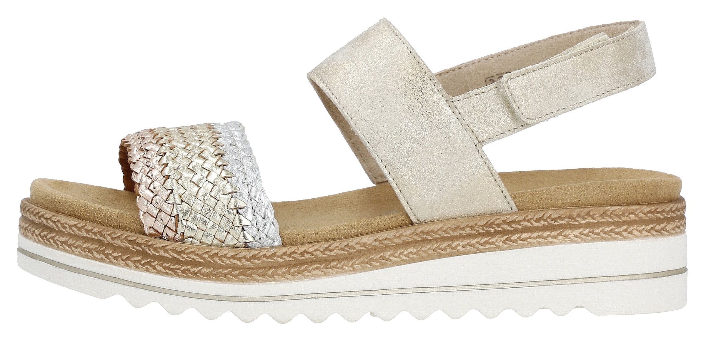 Remonte Keilsandalette »ELLE-Collection«  , Sommerschuh, Sandale, Keilabsatz, mit Flechtbandage im Metalliclook