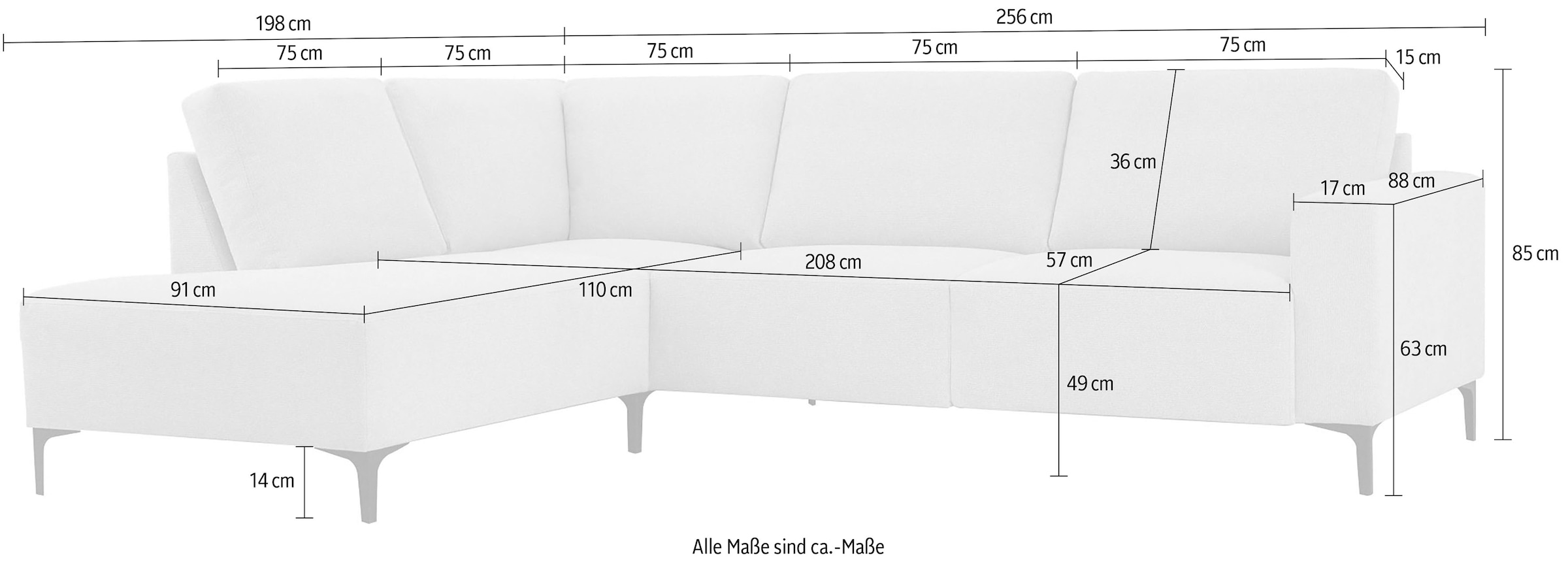 Home affaire Ecksofa »Tournon, L-Form, Breite 256 cm, Webstoff, Chenille«, Designsofa im nordischen Stil, Wellenunterfederung, Metallfüße
