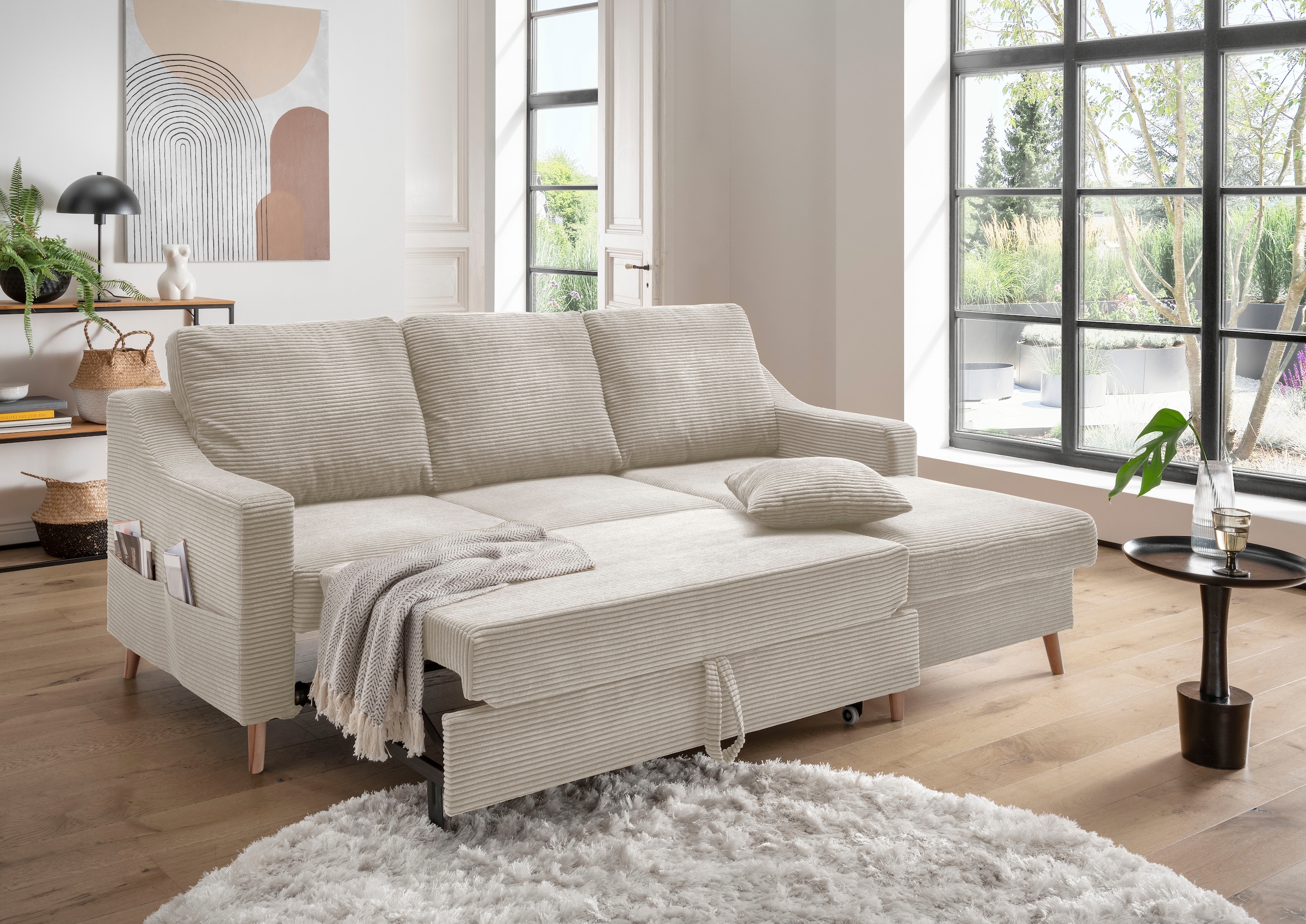 INOSIGN Ecksofa »Valentina L-Form«, 2 Zierkissen, mit Seitentasche, ausziehbarer Liegefläche, Bettkasten