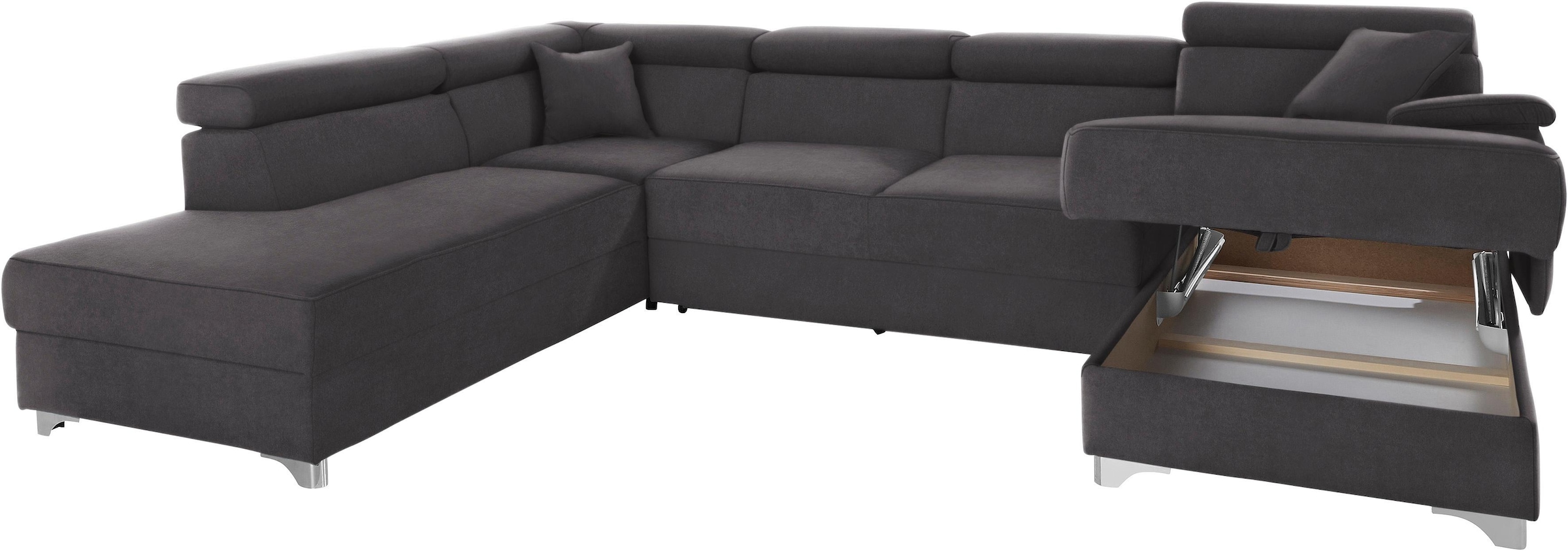 DOMO collection Wohnlandschaft »Mira, inklusive Kopfteilverstellung für mehr Wohlfühlkomfort, U-Form«, wahlweise mit Bettfunktion und Bettkasten, elegant und modern
