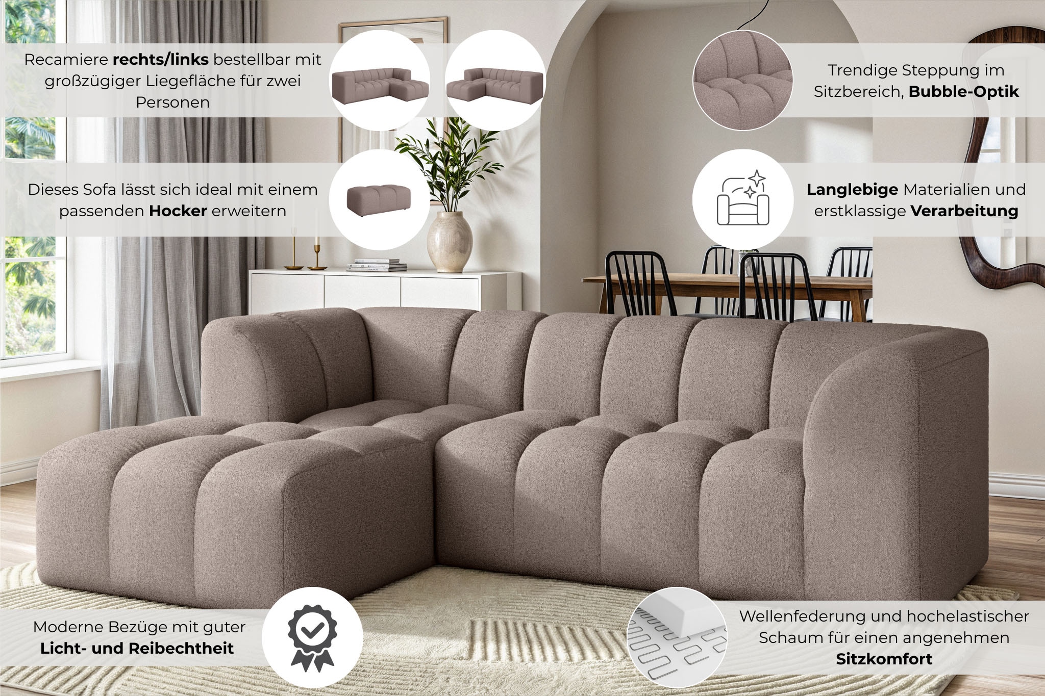 Home affaire Ecksofa »TUURE L-Form, Verlässliche Qualität, moderne Steppung, Breite 255cm« Bubble Optik, moderne Steppung, hoher Sitzkomfort, Wellenunterfederung