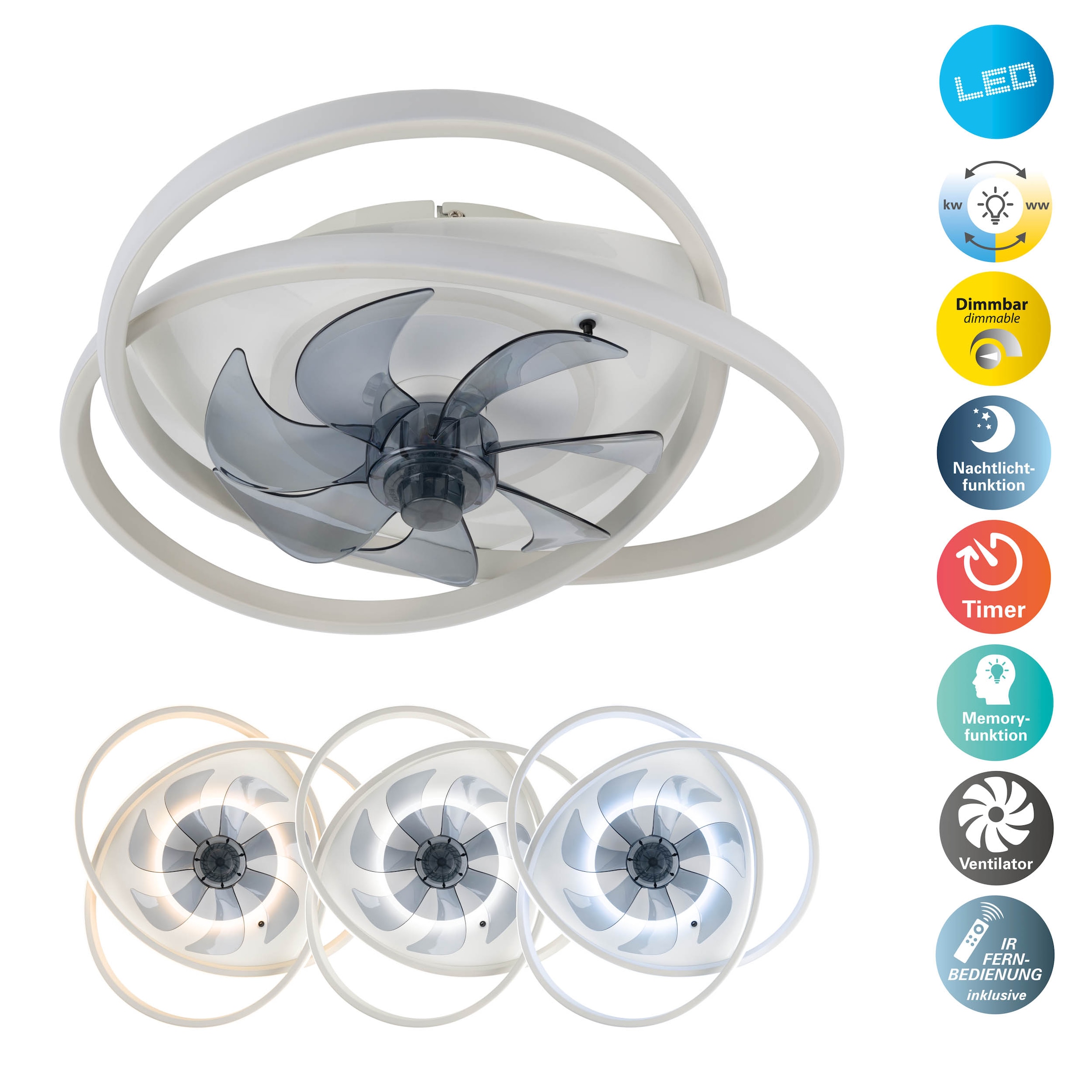 OTTO home LED Deckenleuchte »Lunnee Deckenventilator« LED-Modul 1 Stk. warmweiß - kaltweiß Ventilator, Dimmbar per IR-Fernbedienung, CCT, Memory, Nachtlicht