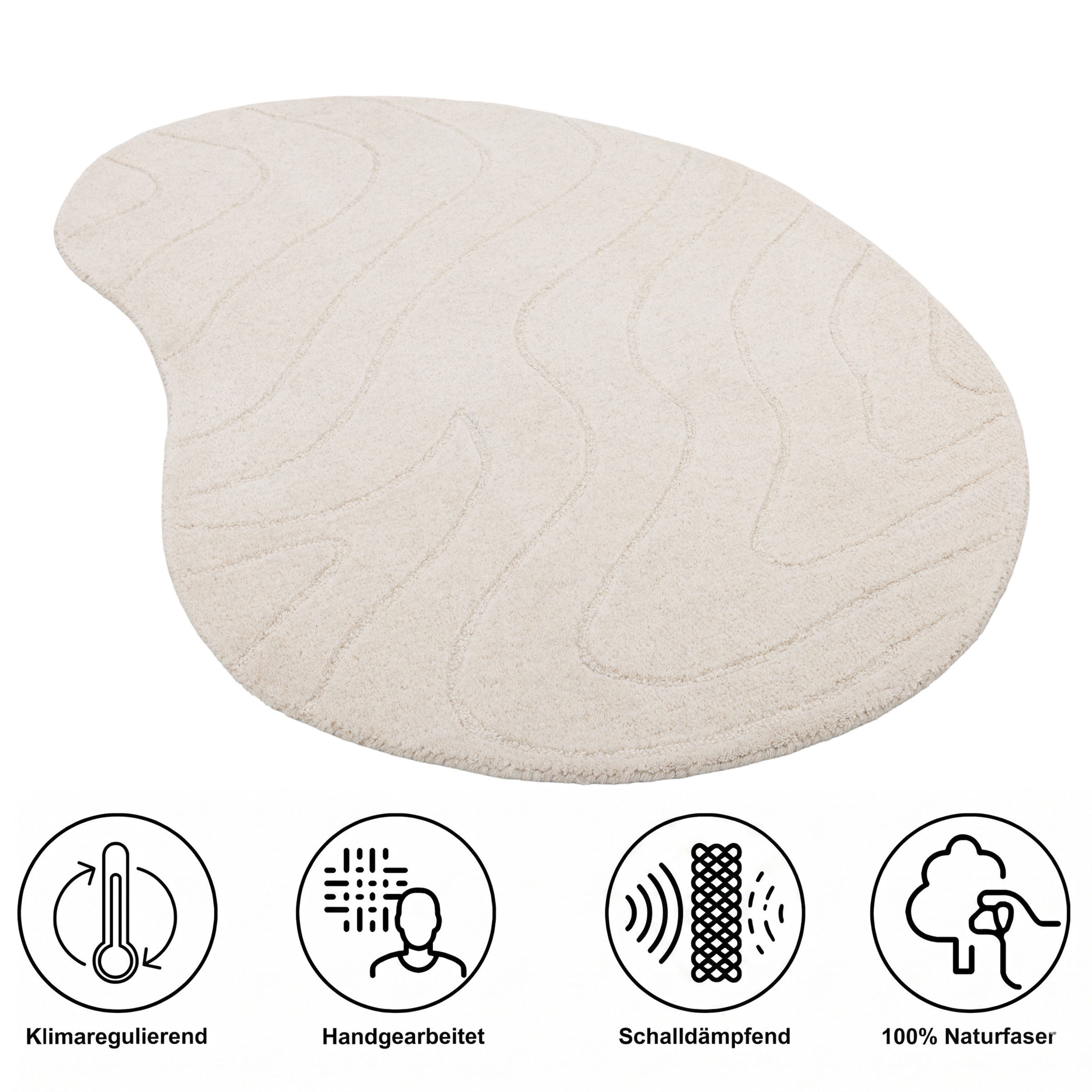 LeGer Home by Lena Gercke Wollteppich »Zarrah, mit Wellendesign, besondere Form, organisch« oval 14 mm Höhe reine Wolle, modern, Scandi, Schlafzimmer, Wohnzimmer, Esszimmer