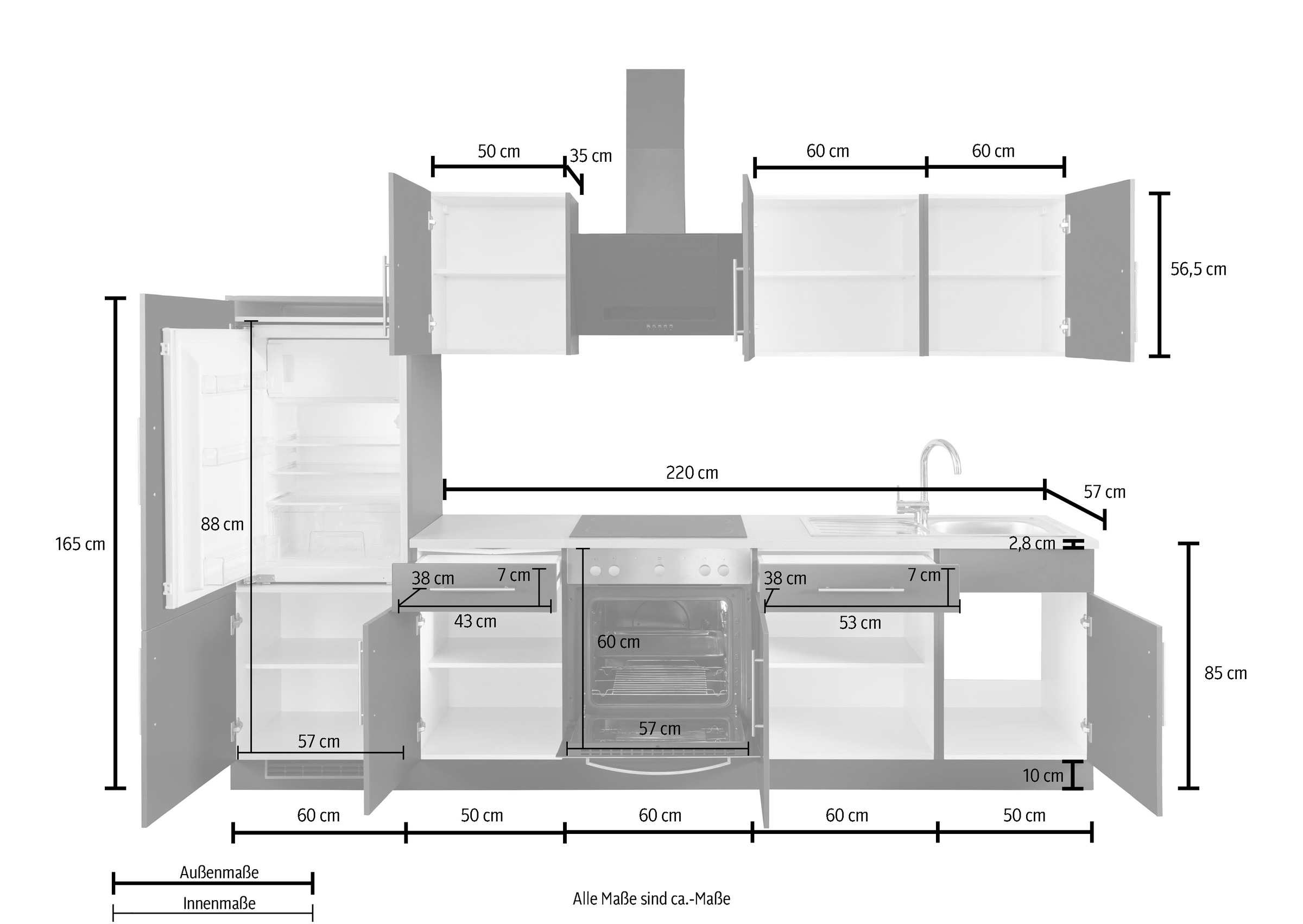 wiho Küchen Küchenzeile »Cali« ohne E-Geräte, Breite 280 cm