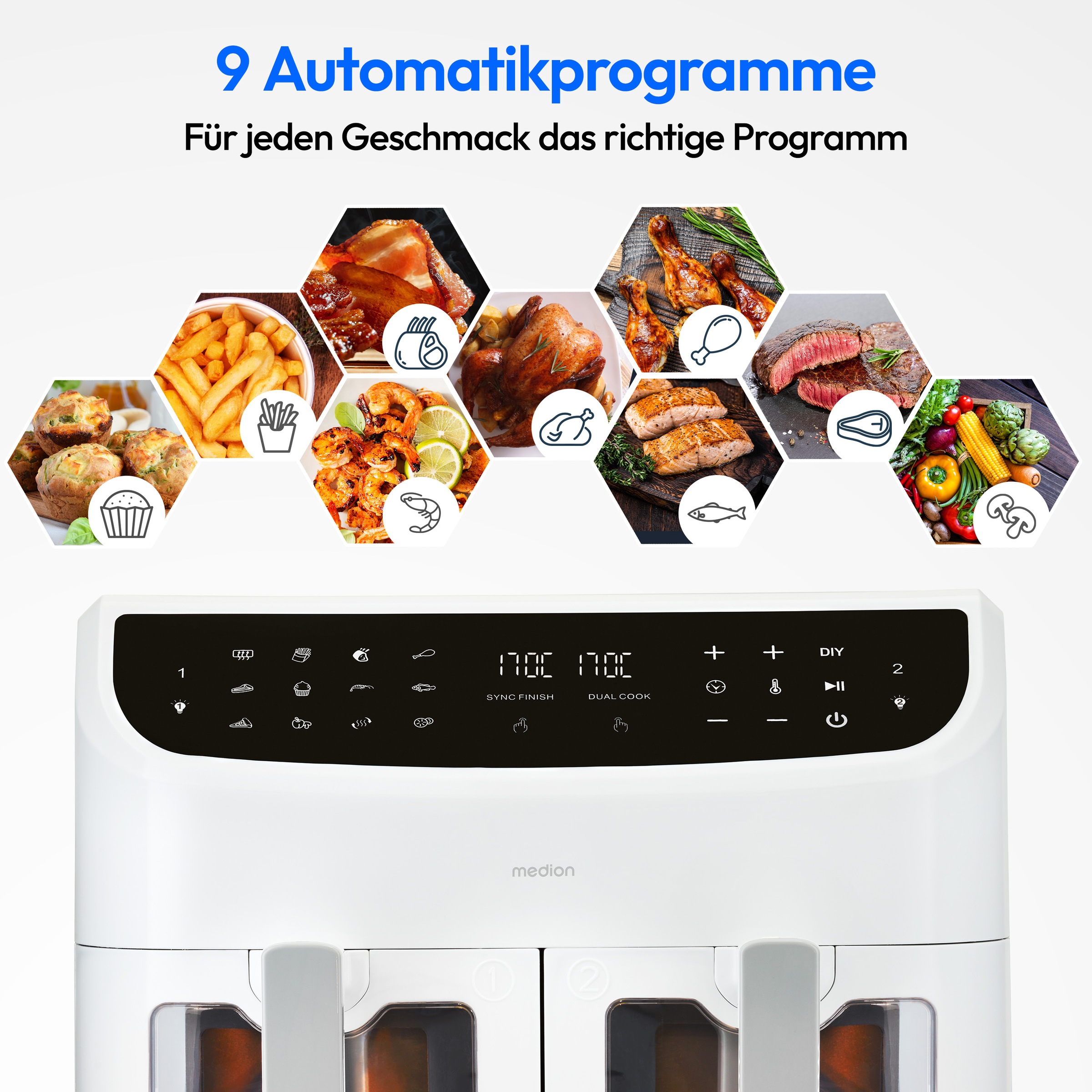 Medion® Heißluftfritteuse »P20 XL (MD 11760) 8,7 L Korbvolumen, 9 Automatikprogramme, Dual Cook«, 2400 W, Temperatur 50 - 200 °C, ILAG Beschichtung, Sync-Finish