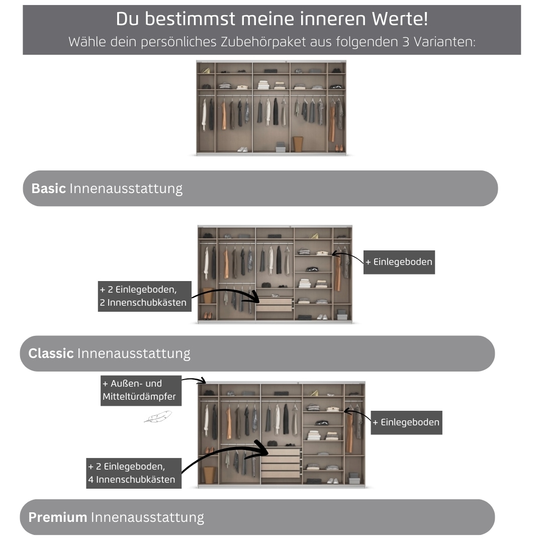 rauch Kleiderschrank »Schwebetürenschrank OTTO´s Choice Garderobe Schrank TOP ANGEBOT Avola«, (in 3 verschiedenen Ausstattungen BASIC/CLASSIC/PREMIUM inkl. Spiegel), mit eleganten Zierleisten in Chrom, Schwarz oder Weiß MADE IN GERMANY