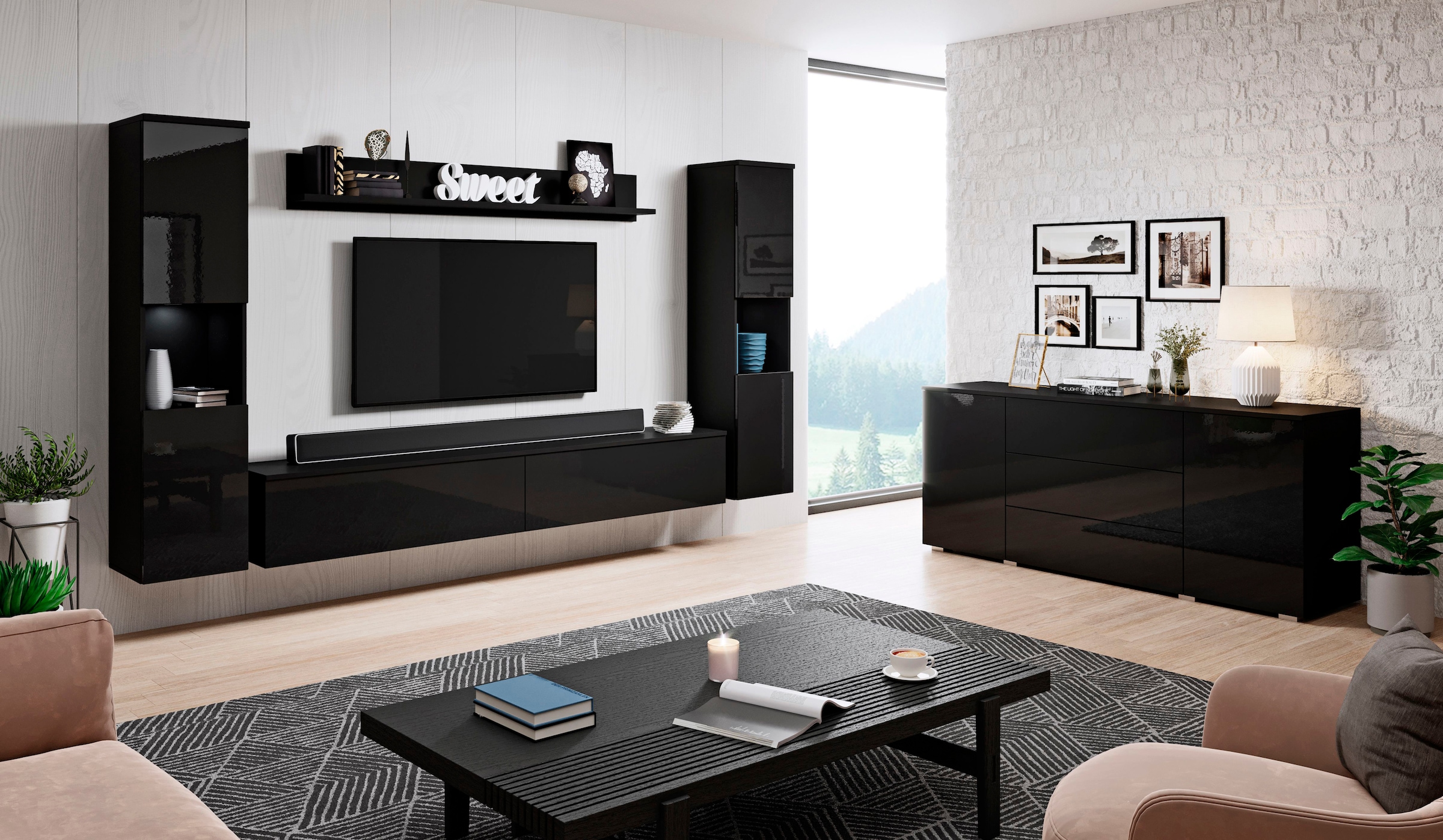 INOSIGN Wohnwand »PARIS, Vitrine Türanschlag links/rechts wechselbar«, (Komplett-Set, 4 St.), grifflose Design, stehend und hängend montierbar