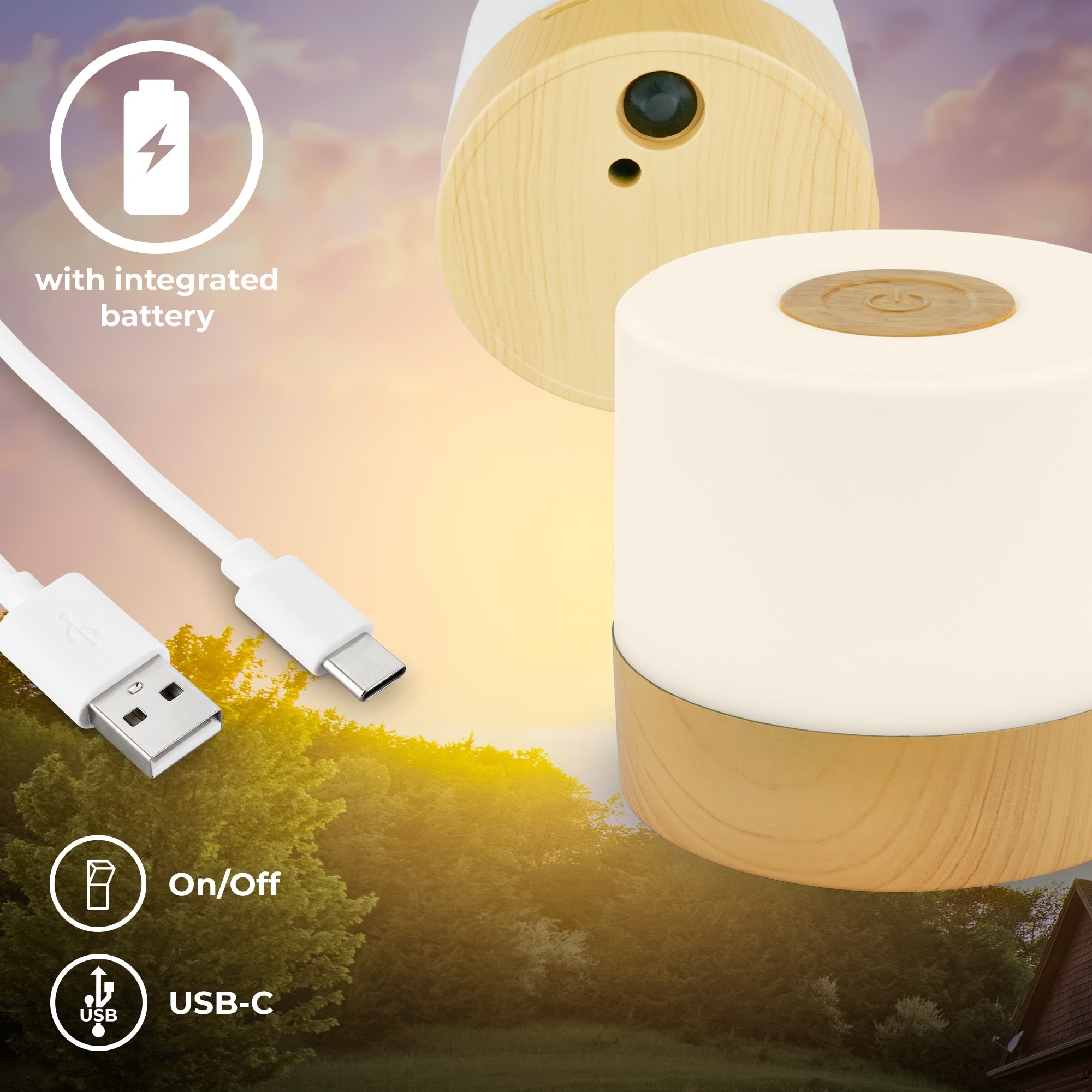 B.K.Licht Außen-Tischleuchte »BK_TL1589 Akku LED Tischlampe, 3-Stufen Touchdimmer, mit USB«, 1 flammig, Leuchtmittel LED-Modul | LED fest integriert, 2.700 K, 150 Lm, 2W, integrierte Batterie, IP44, 7x7 cm, Holzfarben