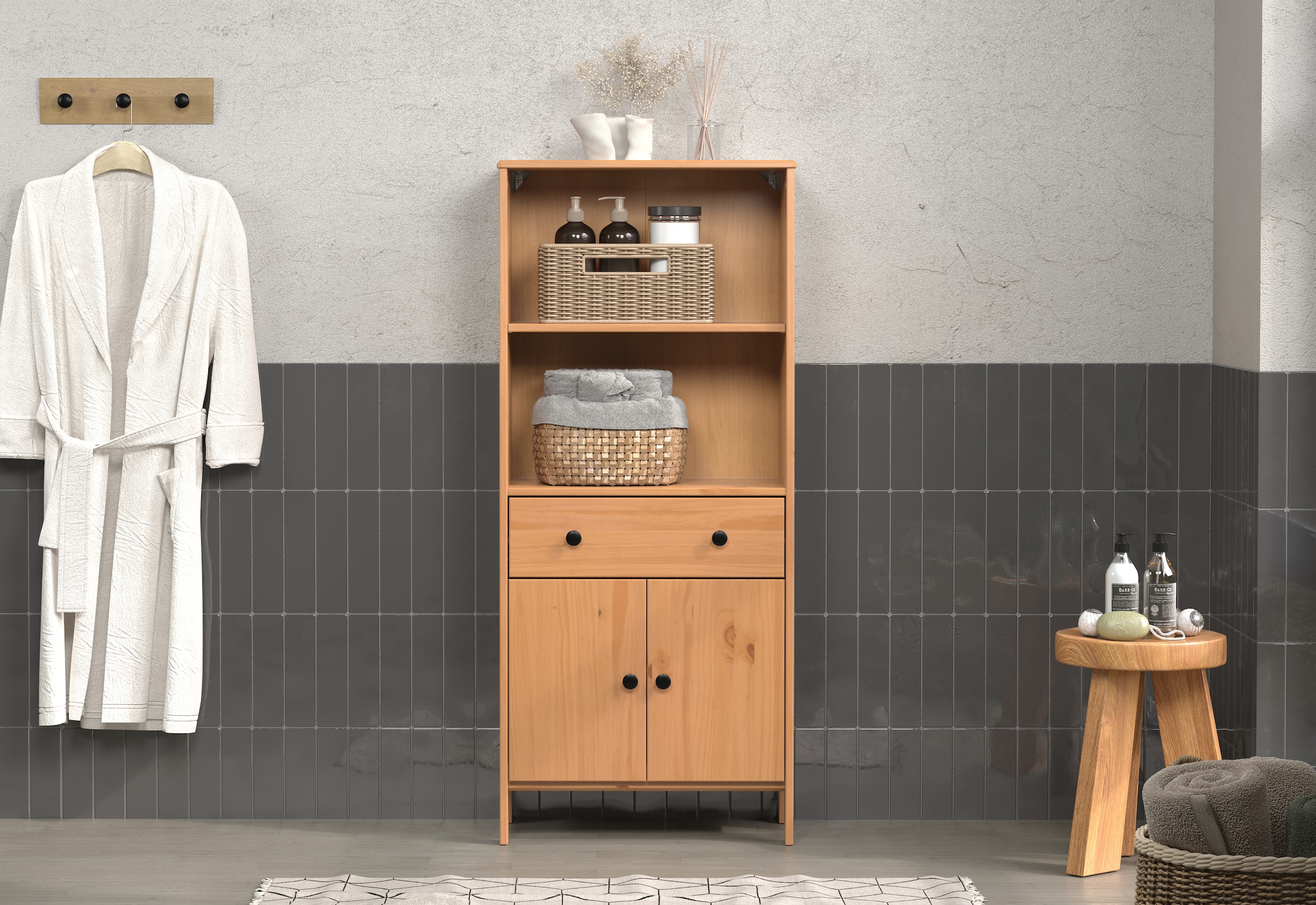 welltime Midischrank »Kall«, (1 St.), Breites Badregal aus Kiefer-Massivholz - Weiß oder Braun lackiert