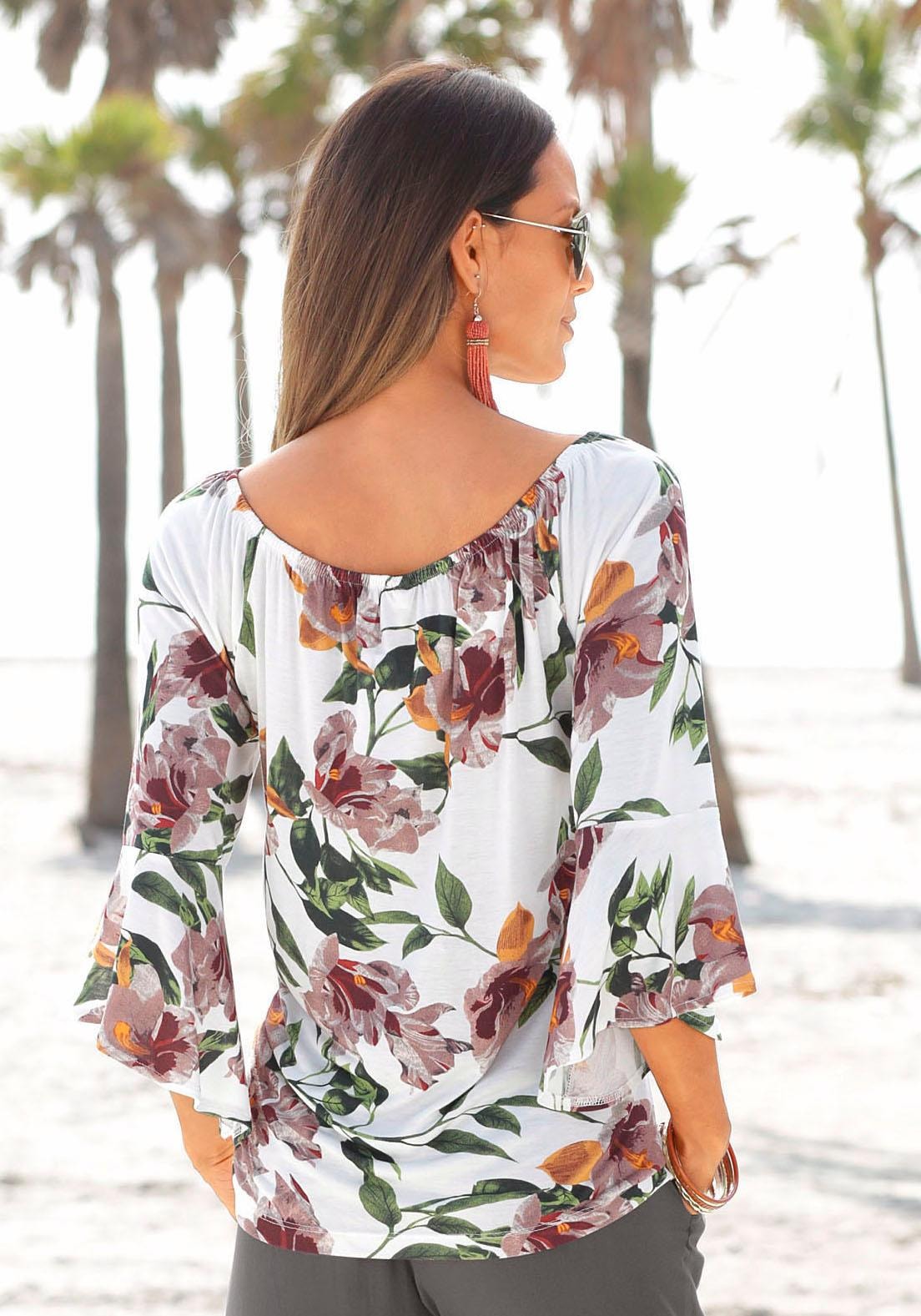 LASCANA Strandshirt, mit floralem Print und Carmen-Ausschnitt, Blusenshirt, Trompetenärmel