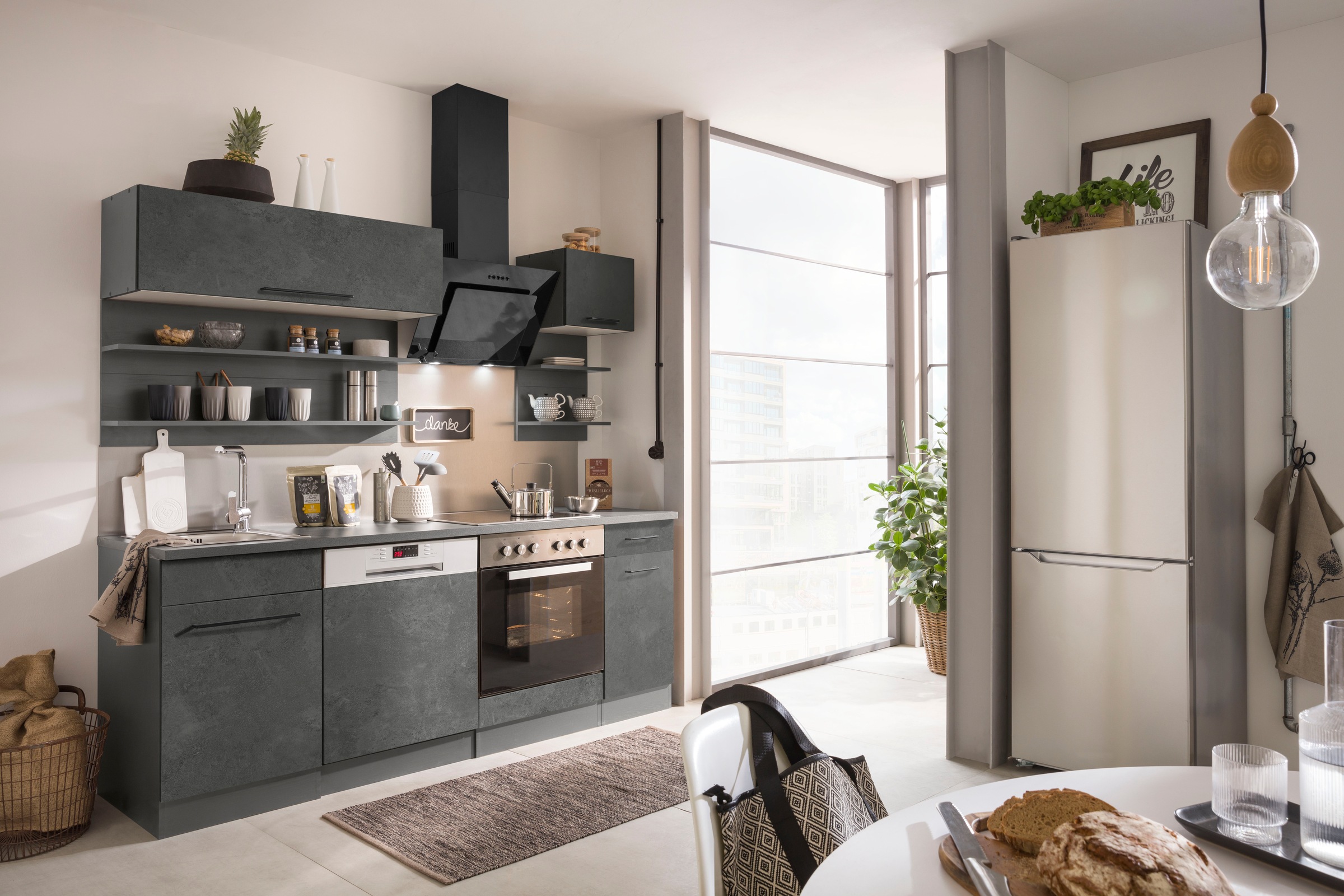 KOCHSTATION Küchenzeile »KS-Tulsa«, ohne E-Geräte, Breite 210 cm, schwarze Metallgriffe, MDF Fronten