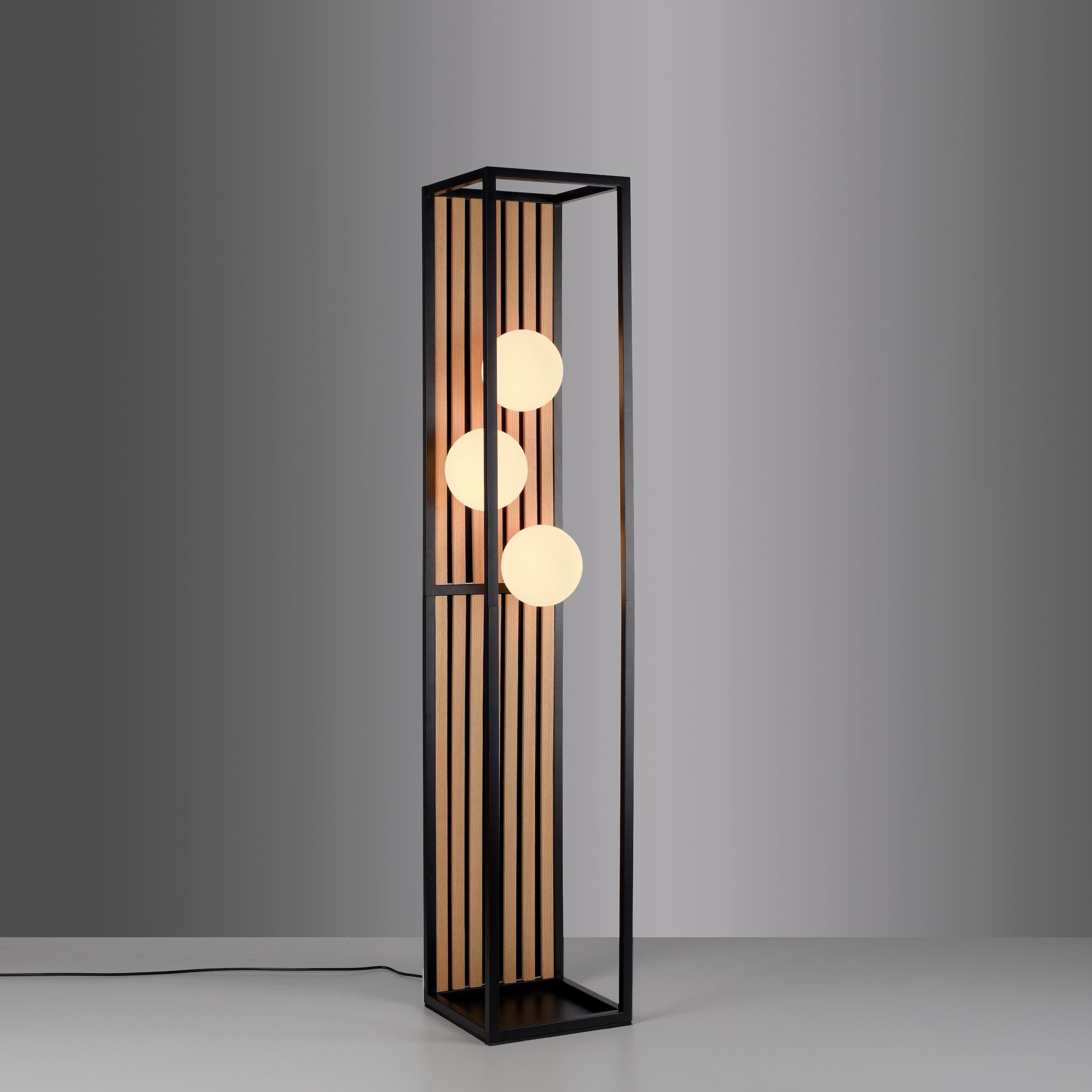 Leonique Stehlampe »Erinette Akustikpaneele mit Glaskugeln«, 3 flammig, Leuchtmittel E14 | ohne Leuchtmittel-Leuchtmittel wechselbar, Holz, Akustik, Paneele, Glas, opal matt weiß, Stehleuchte, Fußschalter