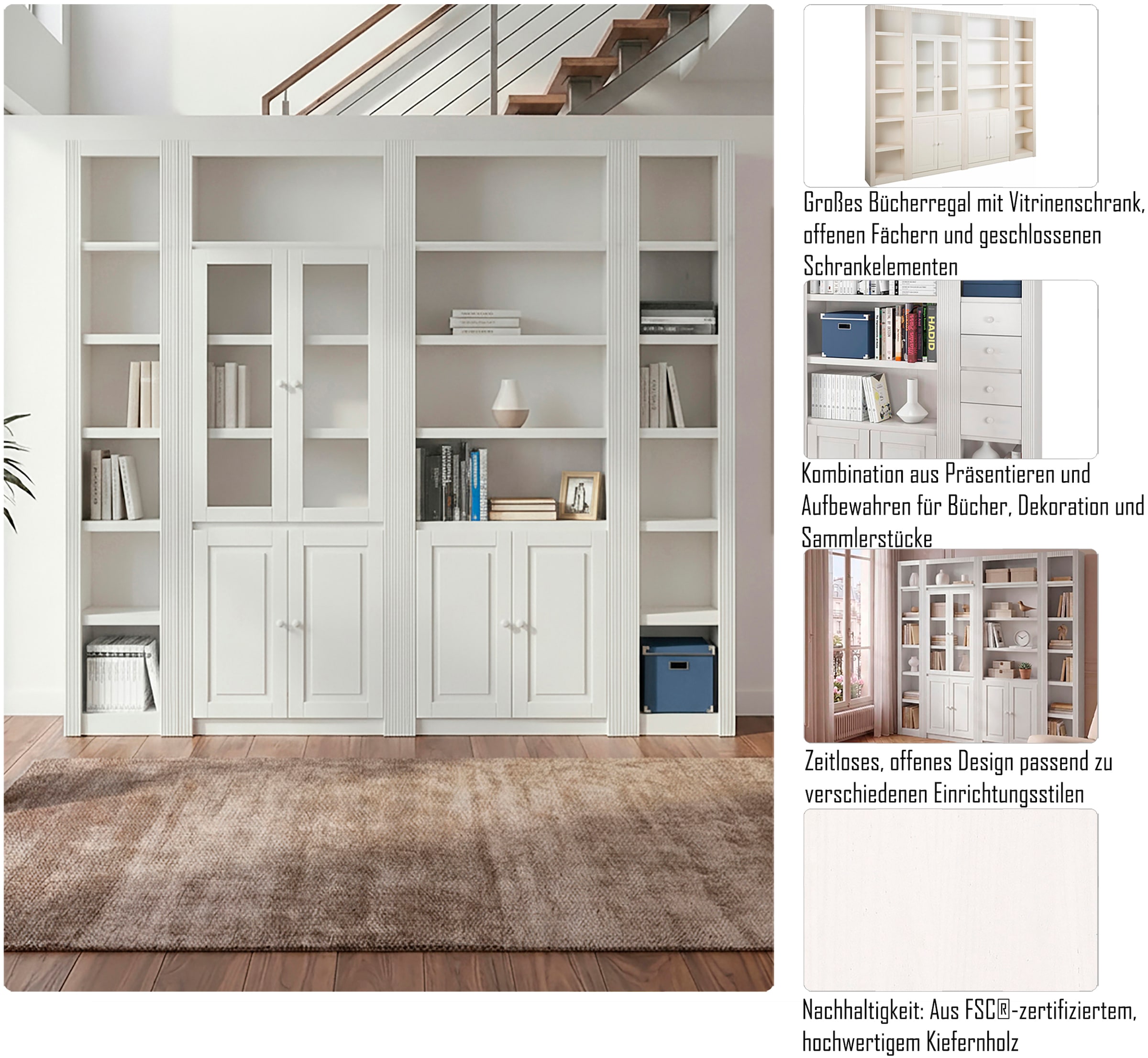 OTTO home Bücherwand »Bergen Bücherregal mit 1 Vitrine, offene und geschlossene Fächer« massives Kiefernholz, natürlichen Maserung, Knopfgriffe, Breite 255 cm