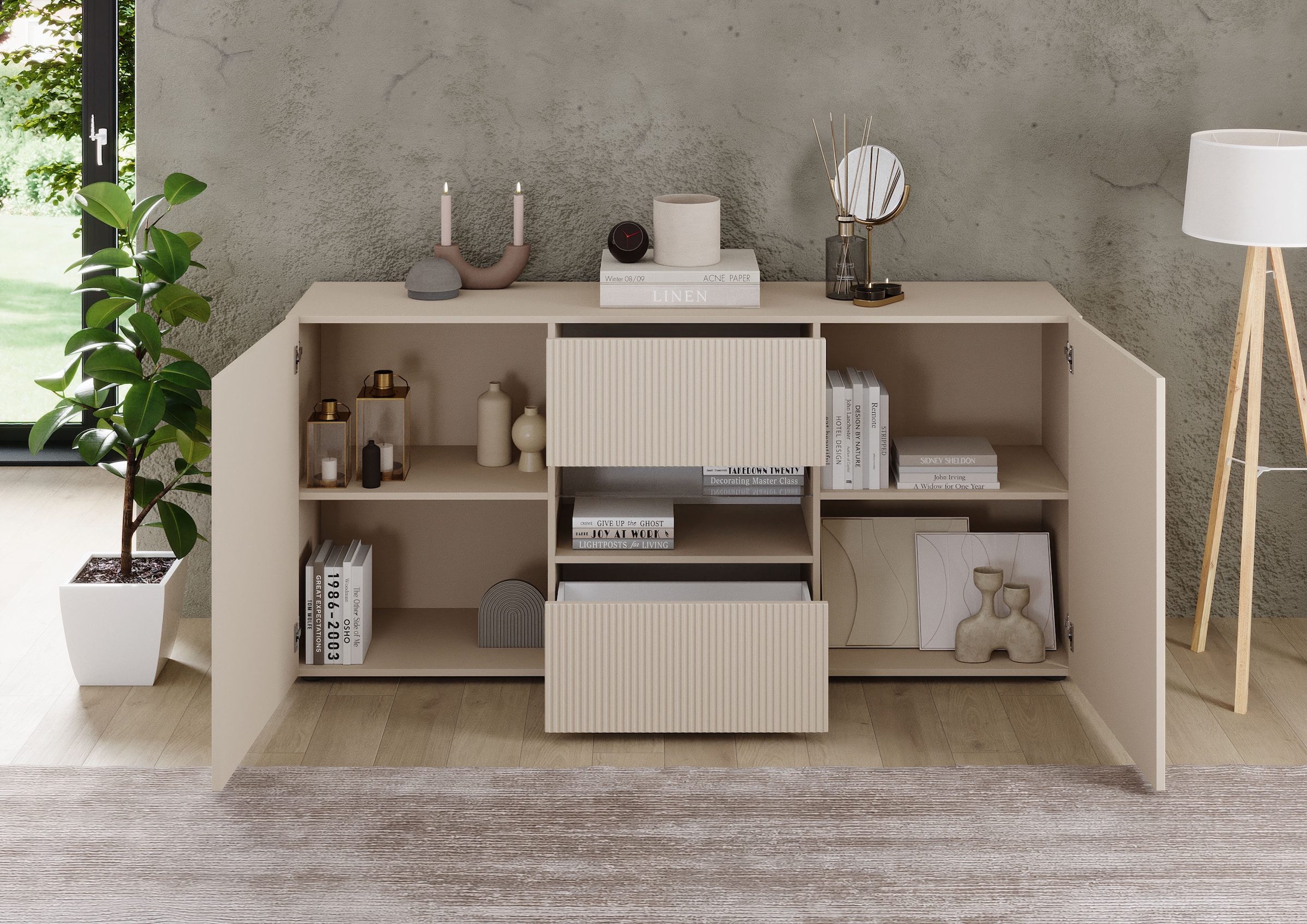 INOSIGN Sideboard »Rio Breite 181 cm, Kommode mit 2 Türen u. 2 Schubkästen,«, Anrichte, geriffelte Front, modern u. elegant, viel Stauraum